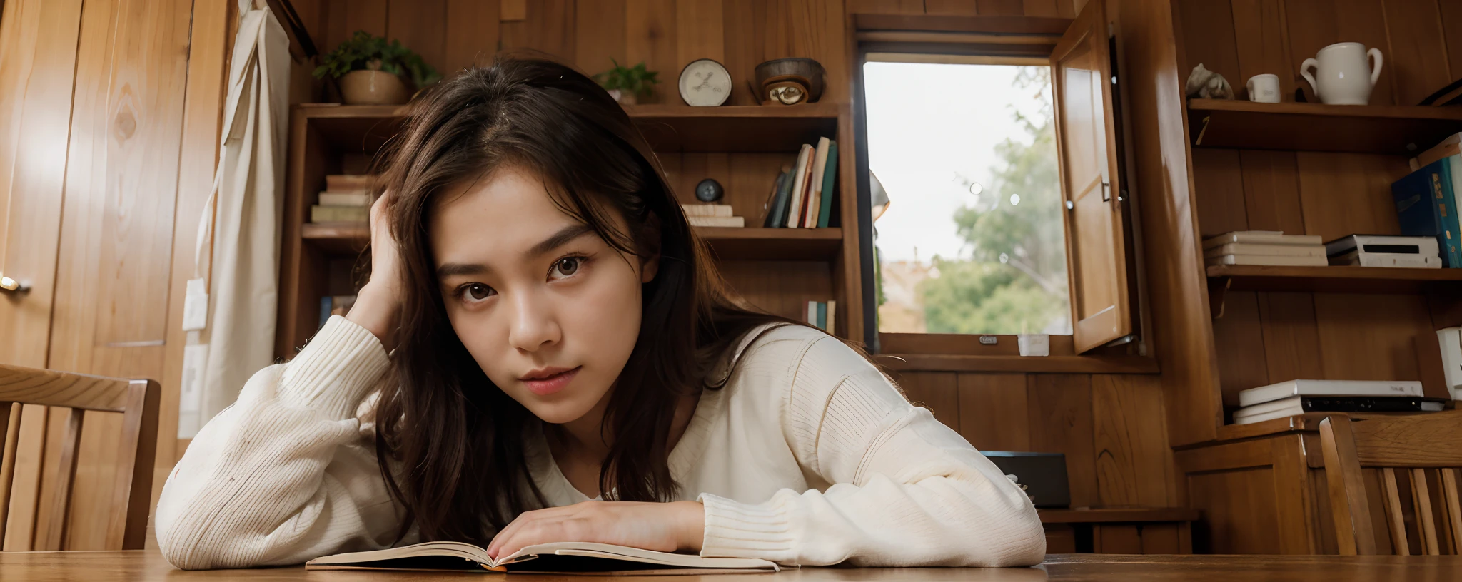 Portrait of 1 Sitting at Desk Studying Beautiful Korean Model 18 Years Old, dressed in something cozy and white, Symmetrical Over-Detailed Book, Dark oak table, soft studio lighting, Against the background of a dark oak shelf, A lot of books, снято на Canon EOS 5D Mark IV, снято на Canon EOS 1D X Mark III, Symmetrical beautiful hyper-detailed eyes, Wooden furniture, Wooden walls