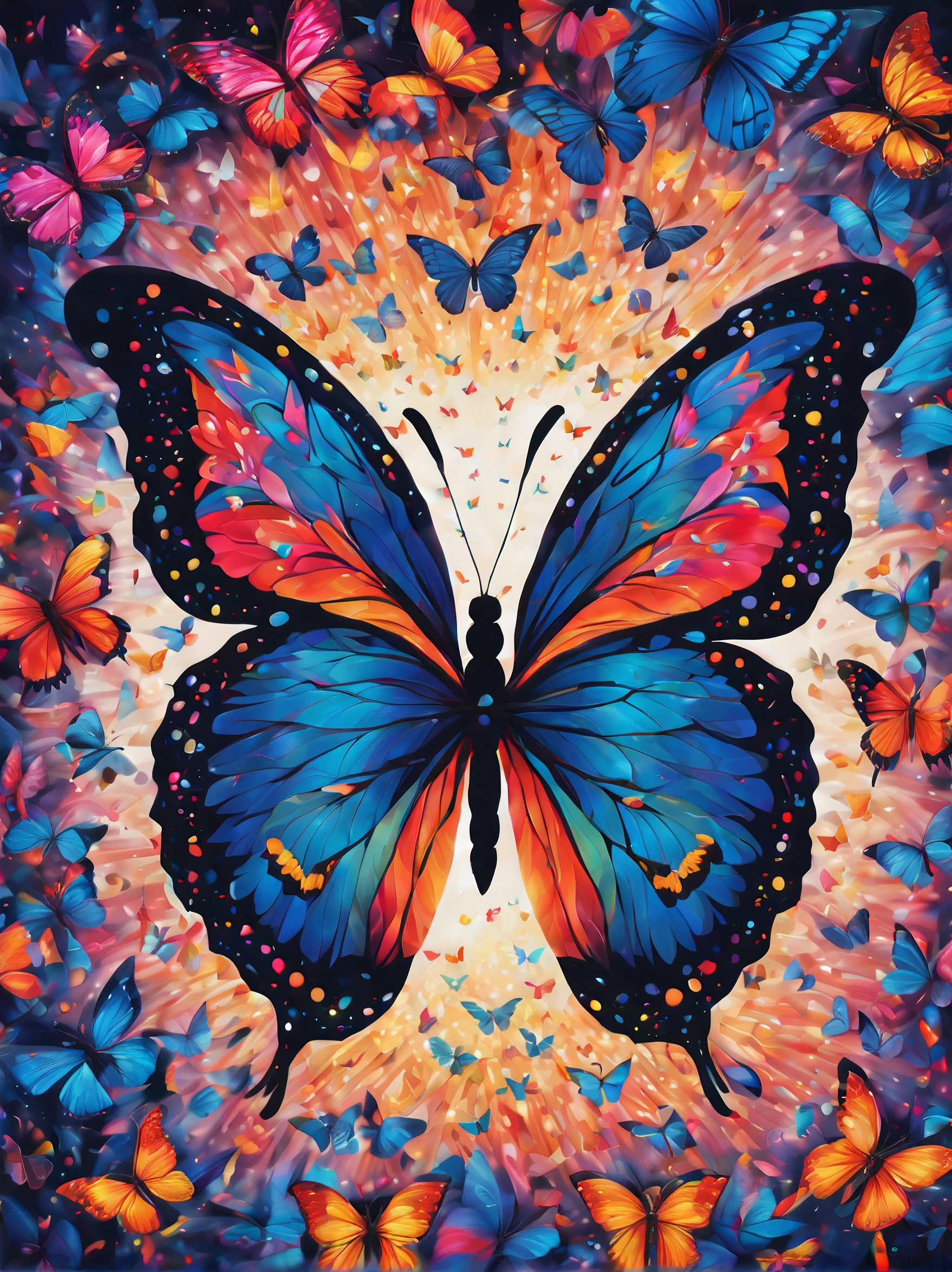 (best quality,highres,ultra-detailed),a butterfly, a kaleidoscope of butterflies, lots of glowing butterflies, butterfly at the middle,vibrant colors,abstract art,diverse textures,playful composition,bright lights,energy flow,harmonious design,transformational patterns,interconnected lines,surreal atmosphere,nature-inspired elements,symmetry,fluid motion,shimmering effects,mysterious depth,mesmerizing optical illusions,visual poetry