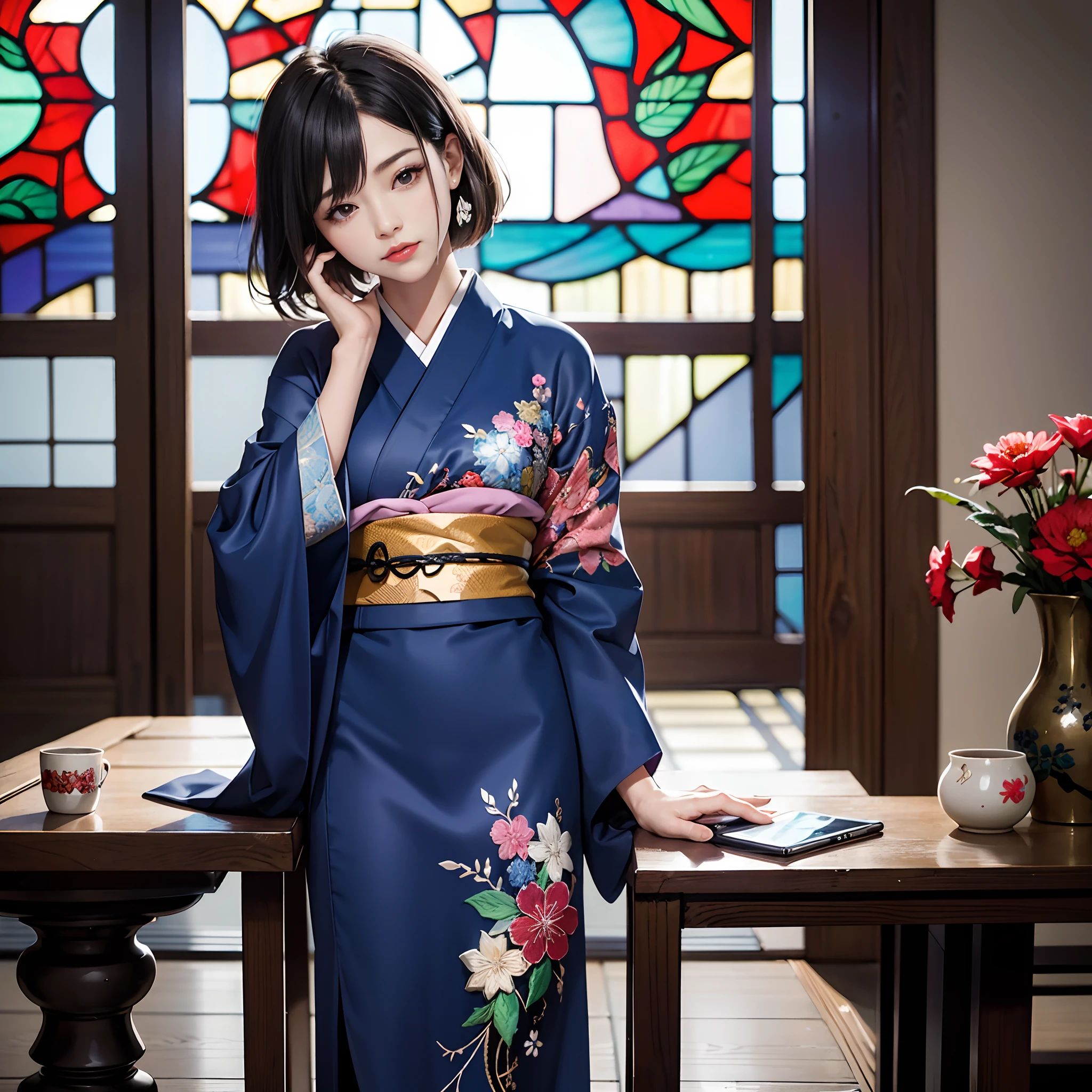Background of details(Intricate stained glass),BREAK ,elaborate costume(Luxurious Japan kimono(Colorful kimono(detailed embroidery()))),BREAK,(1 Beautiful and classy adult woman(Shy smile:1.2)(Japanese actressl:1.2)(A dark-haired:1.2(short-hair:1.2))),(eye glass:1.2),(Praying to stained glass),BREAK,Wallpapers 16K,Blur the background,)(masutepiece,Best Quality,Portrait photos):1.5),full body Esbian,3D Pixel Art