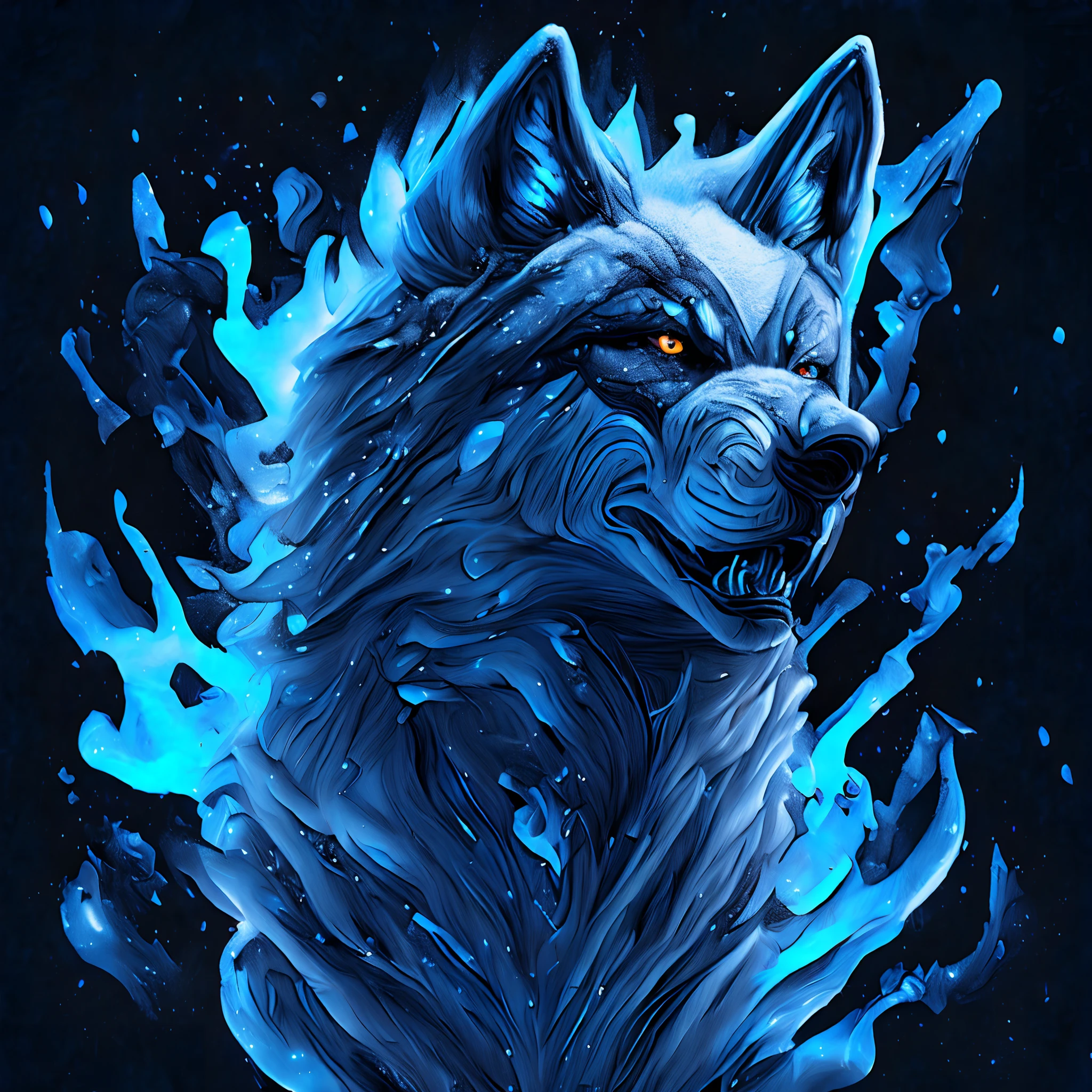 8k, (best quality, masterpiece),(1cybernetic black and white wolf, blue coloured exhaust fumes escaping from body, detailed face, blue eyes, looking at viewer, black ears, closed mouth, fierce looking, black hind legs, snow covered), (less blue light, snow flakes, swirling many blue glass pieces behind, floating objects, night sky)
