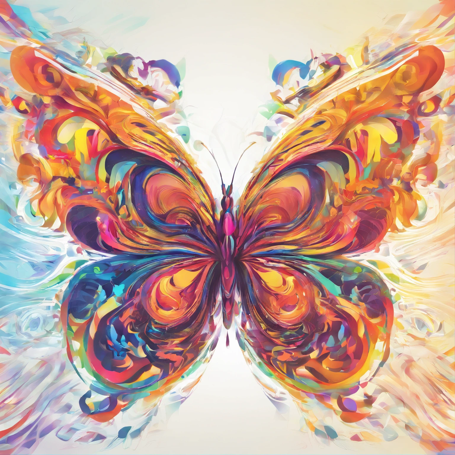 (best quality,highres,ultra-detailed),a butterfly, a kaleidoscope of butterflies, lots of glowing butterflies, butterfly at the middle,vibrant colors,abstract art,diverse textures,playful composition,bright lights,energy flow,harmonious design,transformational patterns,interconnected lines,surreal atmosphere,nature-inspired elements,symmetry,fluid motion,shimmering effects,mysterious depth,mesmerizing optical illusions,visual poetry