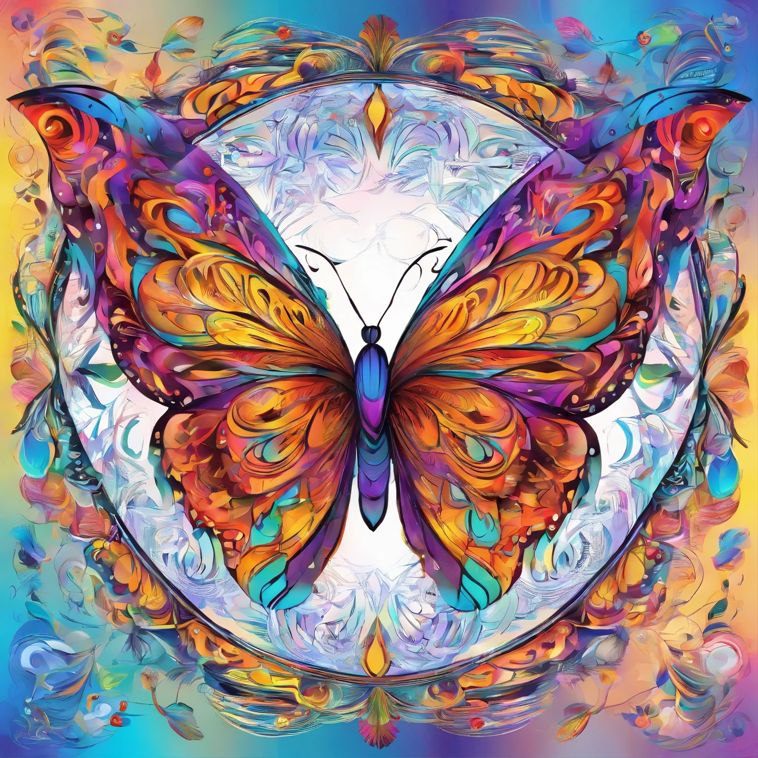 (best quality,highres,ultra-detailed),a butterfly, a kaleidoscope of butterflies, lots of glowing butterflies, butterfly at the middle,vibrant colors,abstract art,diverse textures,playful composition,bright lights,energy flow,harmonious design,transformational patterns,interconnected lines,surreal atmosphere,nature-inspired elements,symmetry,fluid motion,shimmering effects,mysterious depth,mesmerizing optical illusions,visual poetry