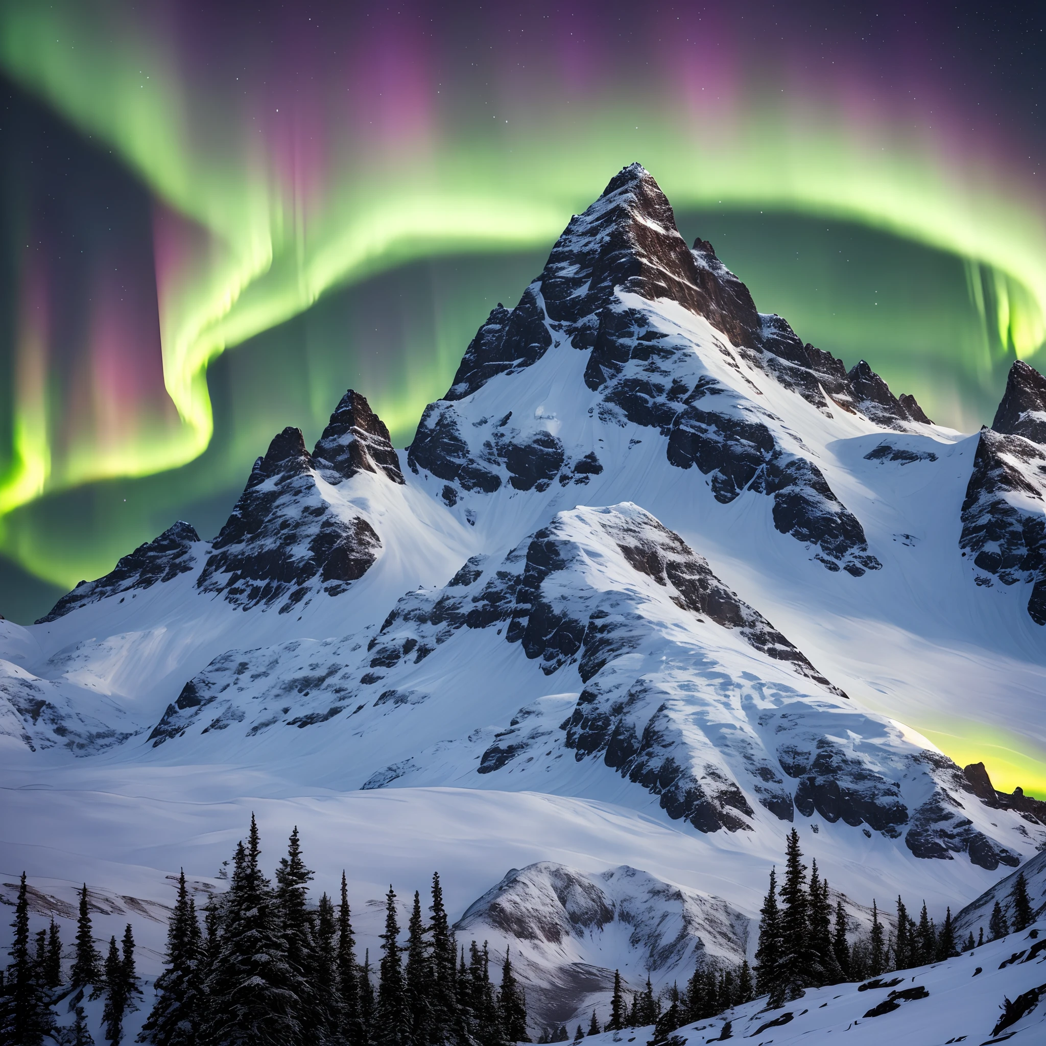 Three mountain peaks covered in snow with the northern lights in a night sky above.