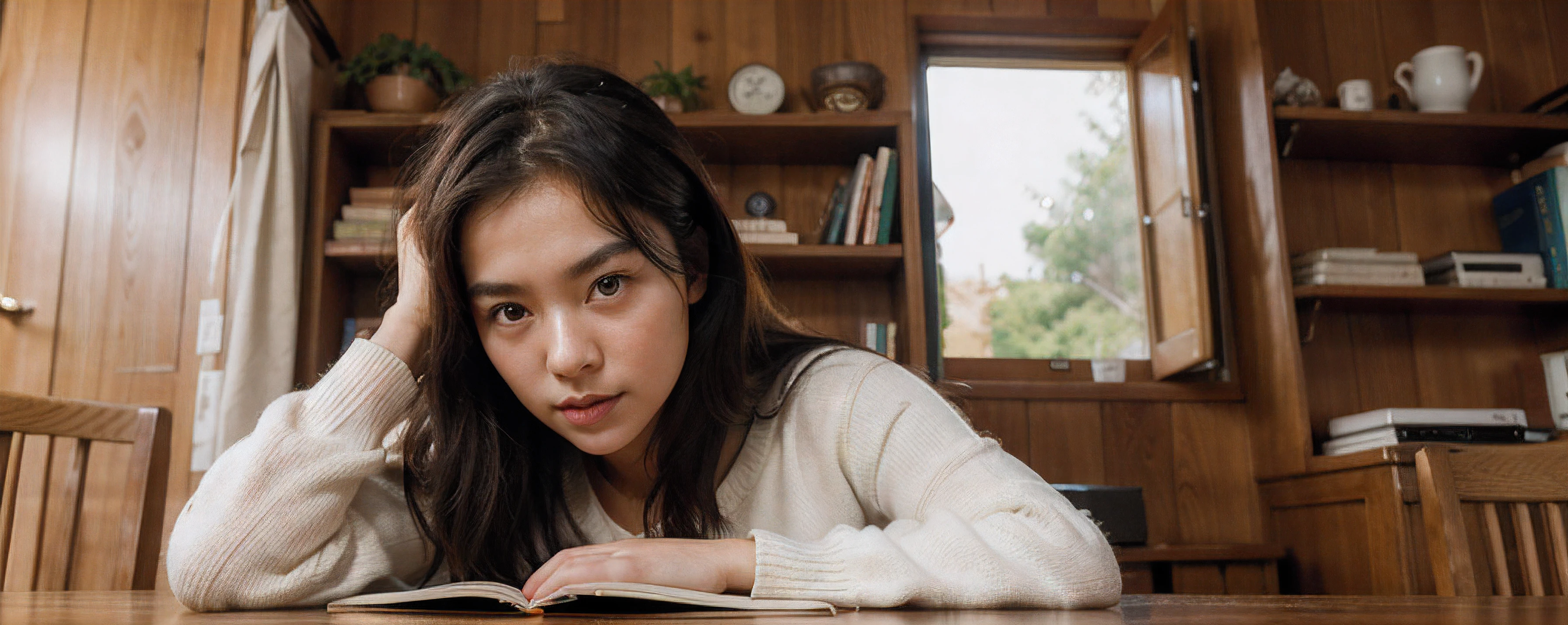 Portrait of 1 Sitting at Desk Studying Beautiful Korean Model 18 Years Old, dressed in something cozy and white, Symmetrical Over-Detailed Book, Dark oak table, soft studio lighting, Against the background of a dark oak shelf, A lot of books, снято на Canon EOS 5D Mark IV, снято на Canon EOS 1D X Mark III, Symmetrical beautiful hyper-detailed eyes, Wooden furniture, Wooden walls