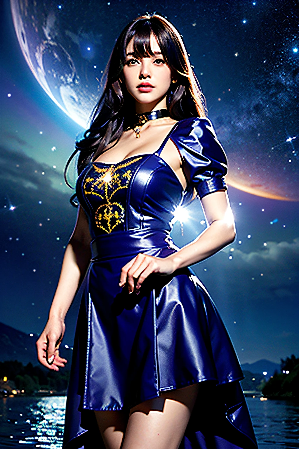 girl, Looking at the sky, Solo, Mona (GenshinImpact), Choker, hair between eye, Star (symbol), Long hair, Dark purple hair, Twin-tailed, Blue eyes, Shining eyes, Jewelry, Witch, maid, Bangs, purple black dress, Purple skirt, White Apron, landscape, nigh sky, Star (skyporn), Starry sky, Night, plein air, Clouds, reflection, Water, Magic, tarot, water magic, ((Beautiful Golden Crystal Star)), spaces, Water droplets, Splash