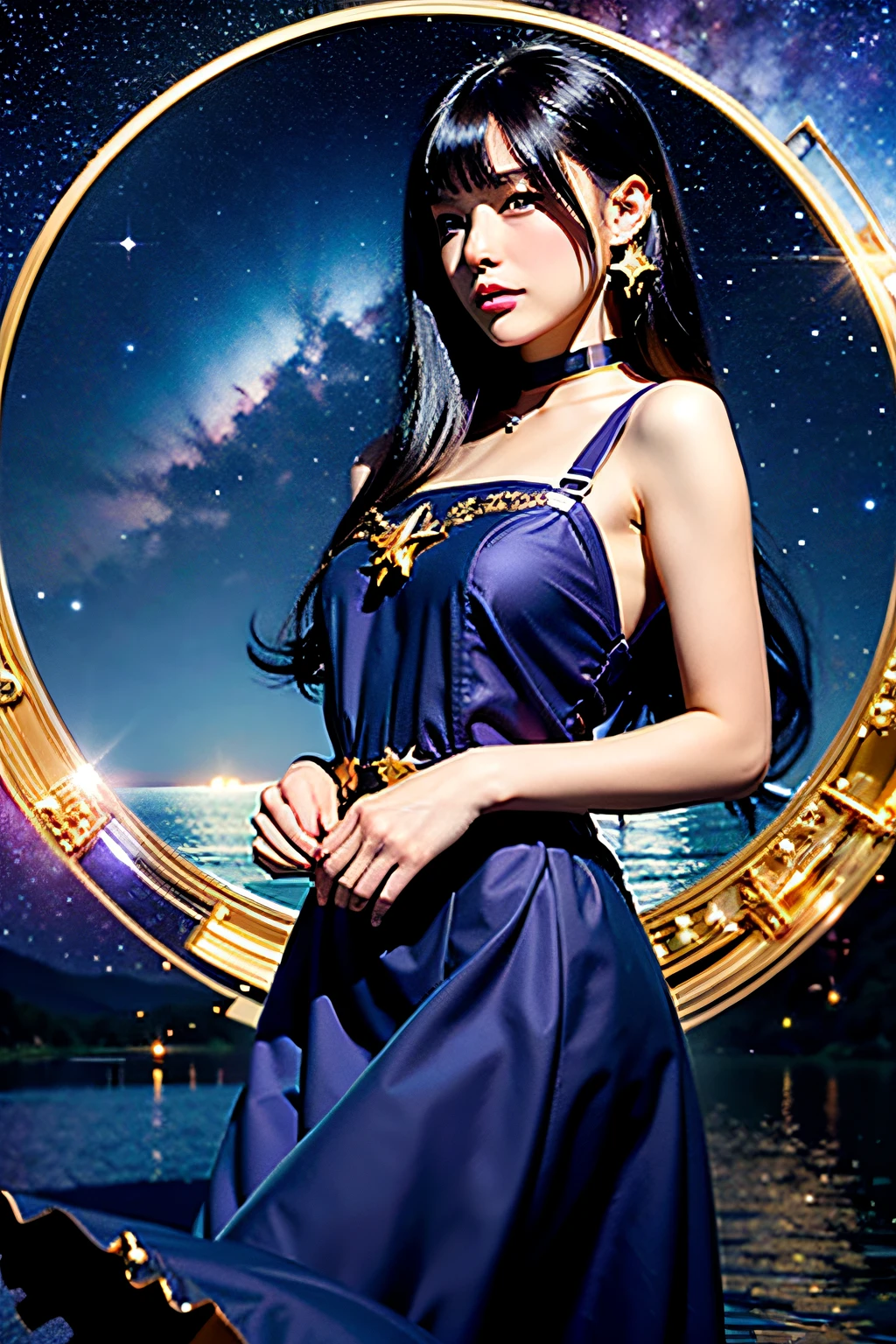 girl, Looking at the sky, Solo, Mona (GenshinImpact), Choker, hair between eye, Star (symbol), Long hair, Dark purple hair, Twin-tailed, Blue eyes, Shining eyes, Jewelry, Witch, maid, Bangs, purple black dress, Purple skirt, White Apron, landscape, nigh sky, Star (skyporn), Starry sky, Night, plein air, Clouds, reflection, Water, Magic, tarot, water magic, ((Beautiful Golden Crystal Star)),  spaces, Water droplets, Splash