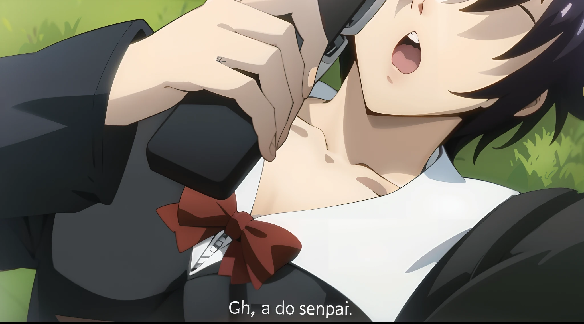 personagem de anime falando em um celular com uma gravata borboleta, cuta anime, FLCL + Golgo 13 :10, ( ( ( Yoh Yoshinari ) ) ), Kinmoza!, captura de tela do anime, Otaku Gangasta, cena de anime, ( ( Massa Amane # ) ), em um anime, Close Up Iwakura Lain, screencap anime