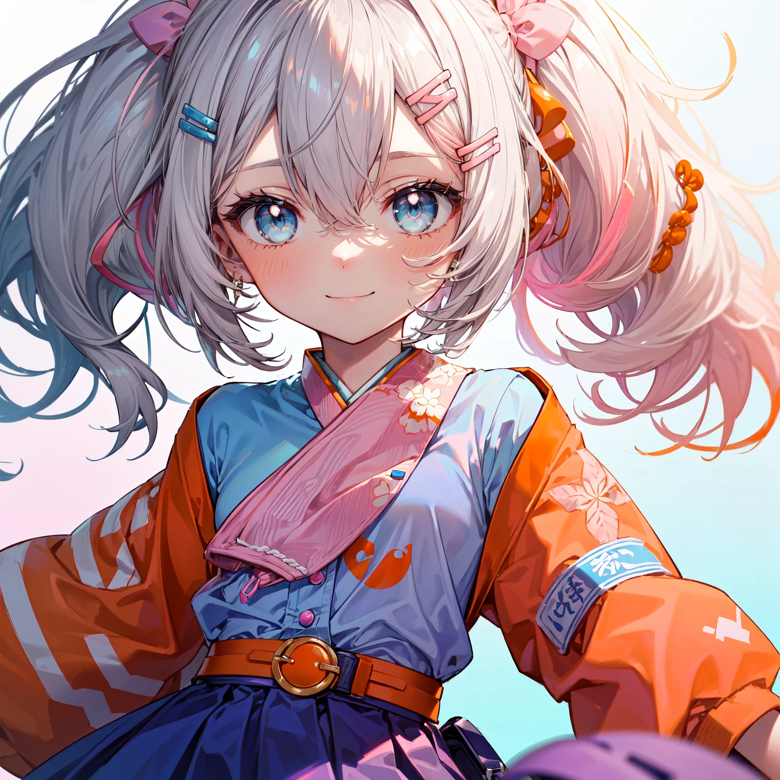 1girl, (solo:1.6), female focus, female, girl, masterpiece, best quality, high quality, (gray hair color:1.3), long hair, wavy hair, hair between the eyes, (low pigtails:1.25), (blue eye color:1.3), looking at viewer, flatchested, shut up, closed mouth, light smile, smile, smiling, (light blue shirt:1.3), (orange and pink haori, orange and pink jacket, orange and pink hip-length jacket:1.5), (blue hairclips, light blue skirt, purple belt:1.75), thin body, (tan skin:1.5), colored skin, (white background:1.65), (upperbody, half-body adaptable, upper-body, head, chest, close-up, character in frame:1.5), perfect hands, ((middle-centered)),