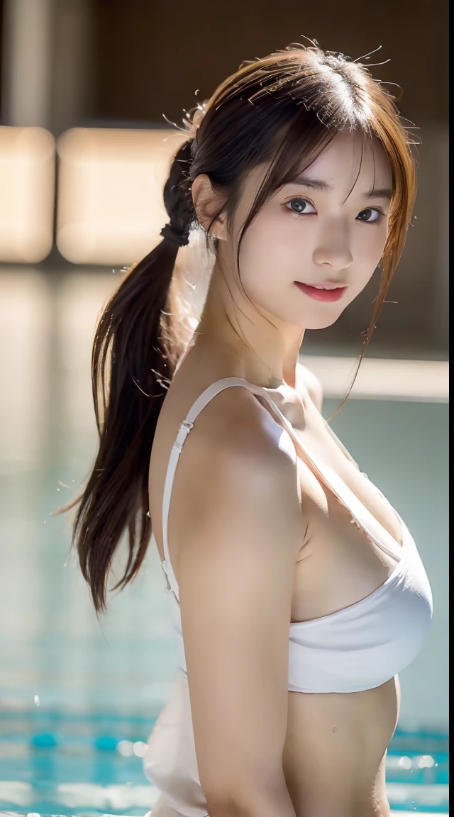 Medium close-up, cleavage, Town, Joe Yuri, Yuri, ((Best quality, 8K, masutepiece :1.3)), 1girl in, Pretty woman who emphasizes slender abs :1.3, (Dark brown hair, pony tails, Huge breasts :1.2), Wet body:1.2, pool, Ultra-detailed face, Detailed eyes, 二重まぶた、Exposing thighs、((shooting full body:1.4))