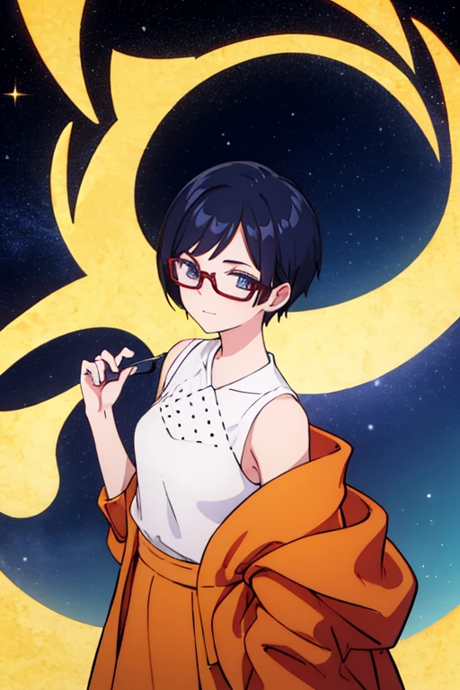 Cute girl with fashionable short haircut、eye glass、Autumn night sky、Stargazing