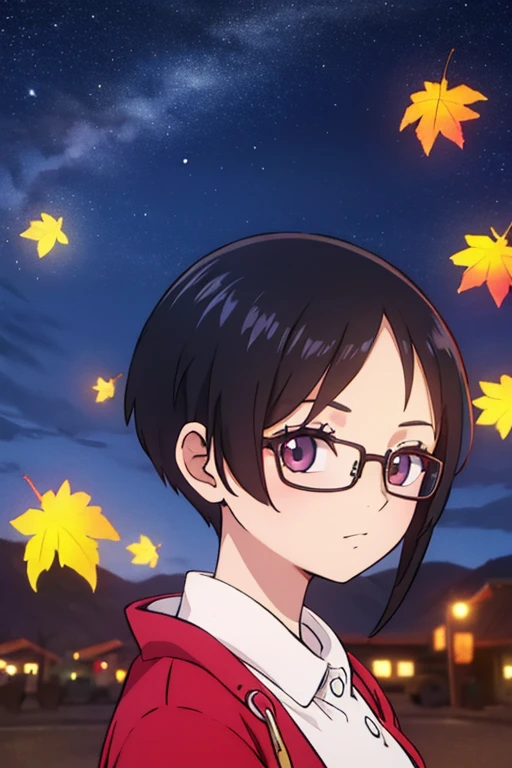 Cute girl with fashionable short haircut、eye glass、Autumn night sky、Stargazing