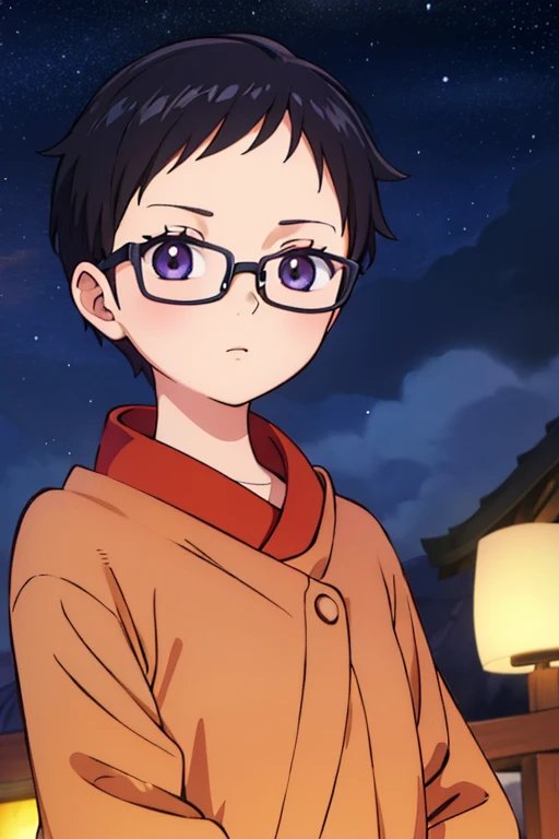 Cute girl with fashionable short haircut、eye glass、Autumn night sky、Stargazing