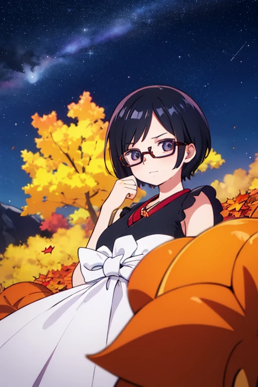 Cute girl with fashionable short haircut、eye glass、Autumn night sky、Stargazing