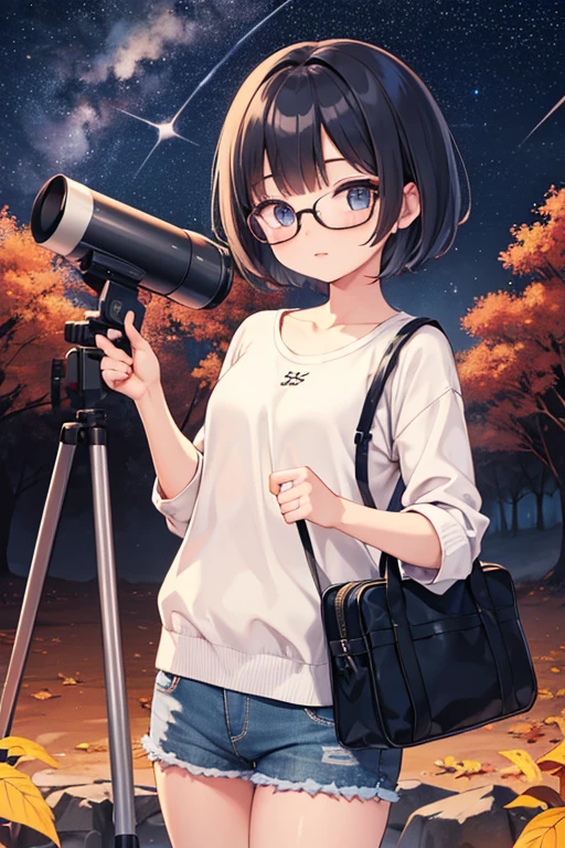Cute girl with fashionable short haircut、eye glass、Autumn night sky、Stargazing、telescopes、Saturn