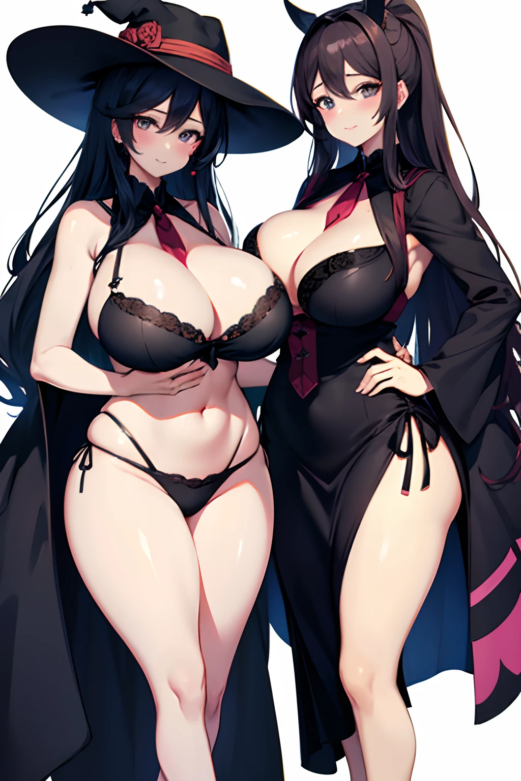 Mother and daughter, both adults, big mom breasts