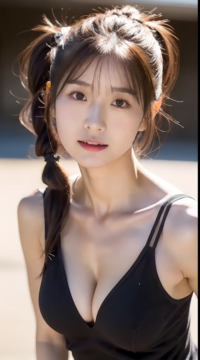 Medium close-up, cleavage, Town, Joe Yuri, Yuri, ((Best quality, 8K, masutepiece :1.3)), 1girl in, Pretty woman who emphasizes slender abs :1.3, (Dark brown hair, pony tails, Huge breasts :1.2), Wet body:1.2, pool, Ultra-detailed face, Detailed eyes, 二重まぶた、Exposing thighs、((shooting full body:1.4))