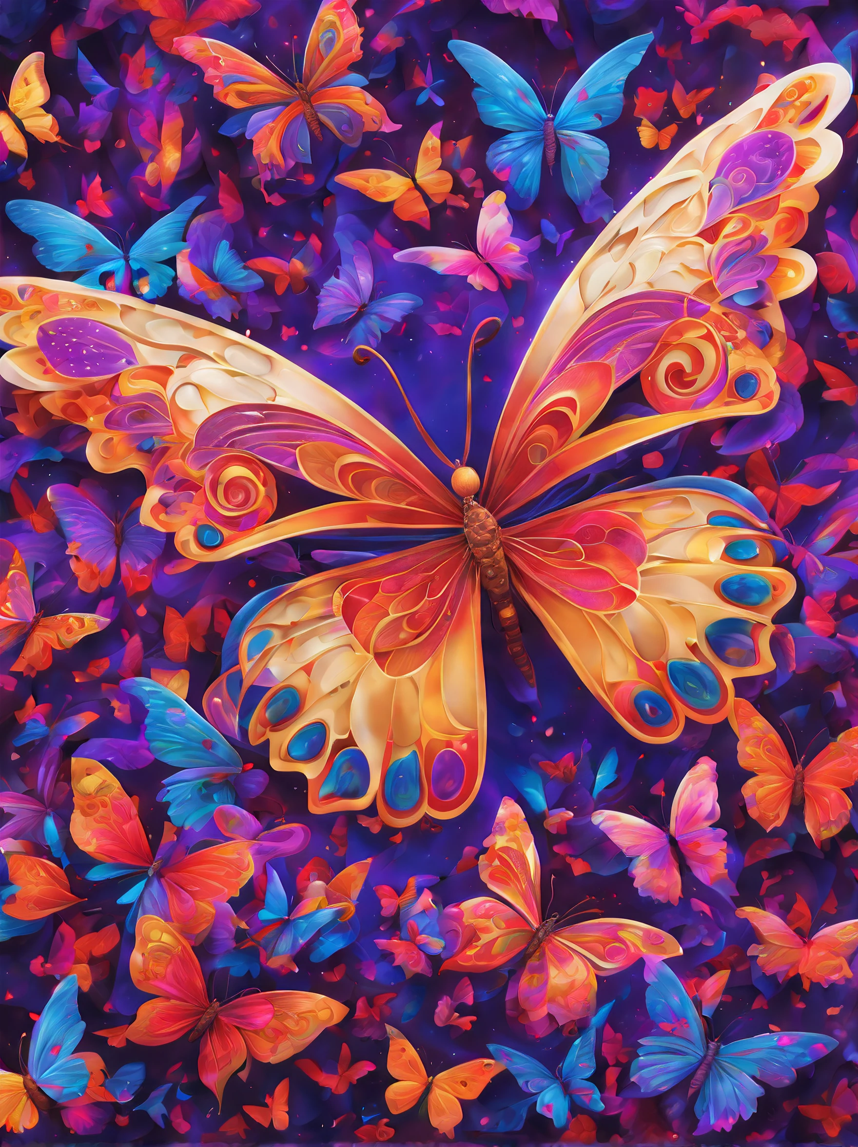 (best quality,highres,ultra-detailed),a butterfly, a kaleidoscope of butterflies, lots of glowing butterflies,purple and pink, gold and red,vibrant colors,abstract art,diverse textures,playful composition,bright lights,energy flow,harmonious design,transformational patterns,interconnected lines,surreal atmosphere,nature-inspired elements,symmetry,fluid motion,shimmering effects,mysterious depth,mesmerizing optical illusions,visual poetry