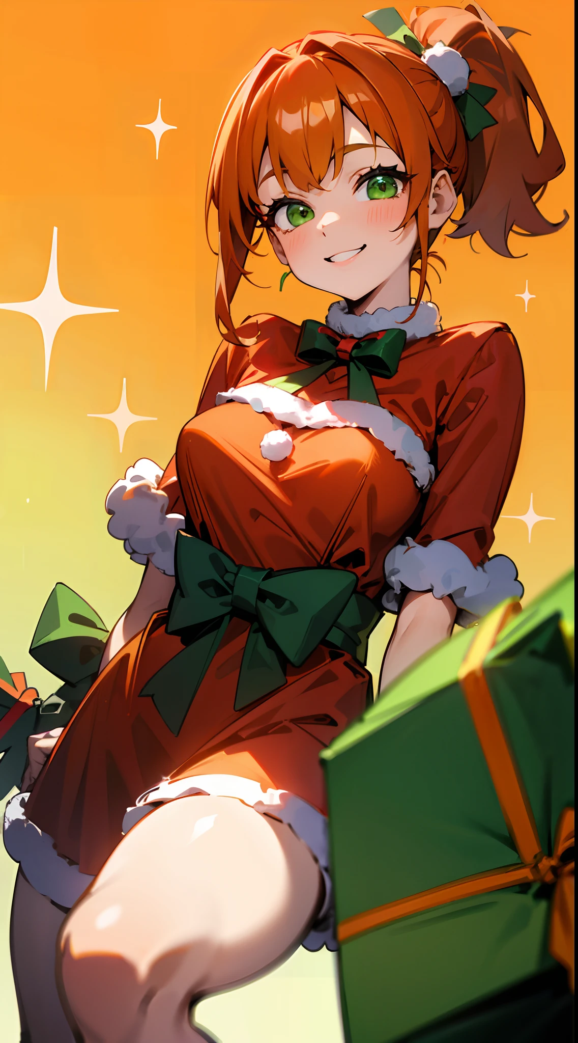 1girl in、Orange hair、large round green eyes、Side Ponytail、small tits、A smile、Laugh、Christmas、Dressed in Santa Claus costume、Colors based on red and green