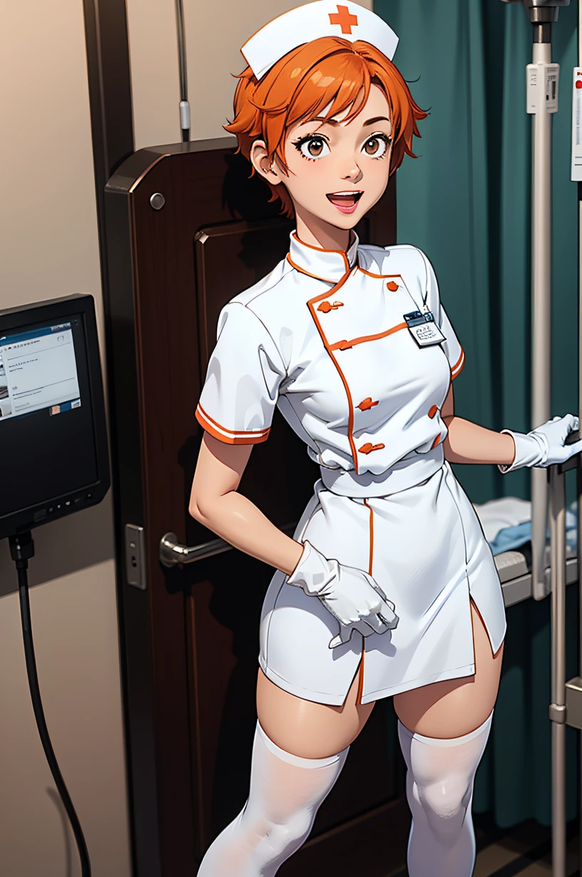 1girl, solo, nurse, nurse cap, white wear, ((white legwear, zettai ryouiki)), white gloves, very short hair, orange hair, smile, open mouth, standing, ((hospital room)), sharp outline, short sleeves, tomboy, boyish, best quality, masterpiece