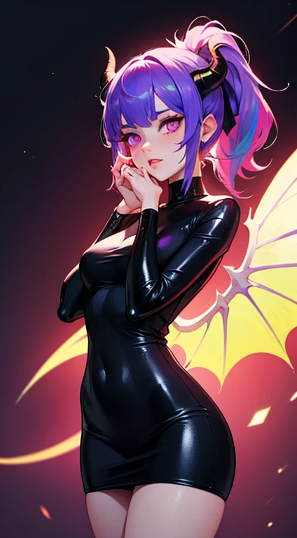1girl, cum on face, , cum, cumfacial, facial ,cumfacial55,, ((Masterpiece)), best quality, absurderes, ultra detailed, holographic, cowboy shot, demon girl, mature girl, super beautiful asian girl with very beautiful violet glowing eyes, beautiful glowing white multicolored hair, high ponytail, bueautiful glowing demon horns, super beautiful and stunning luminous devil wings, nice and sexy body, slim body, perfect body, wearing a black mini dress, super tight dress, translucid dress, playing in a funny hell, flirting with viewer