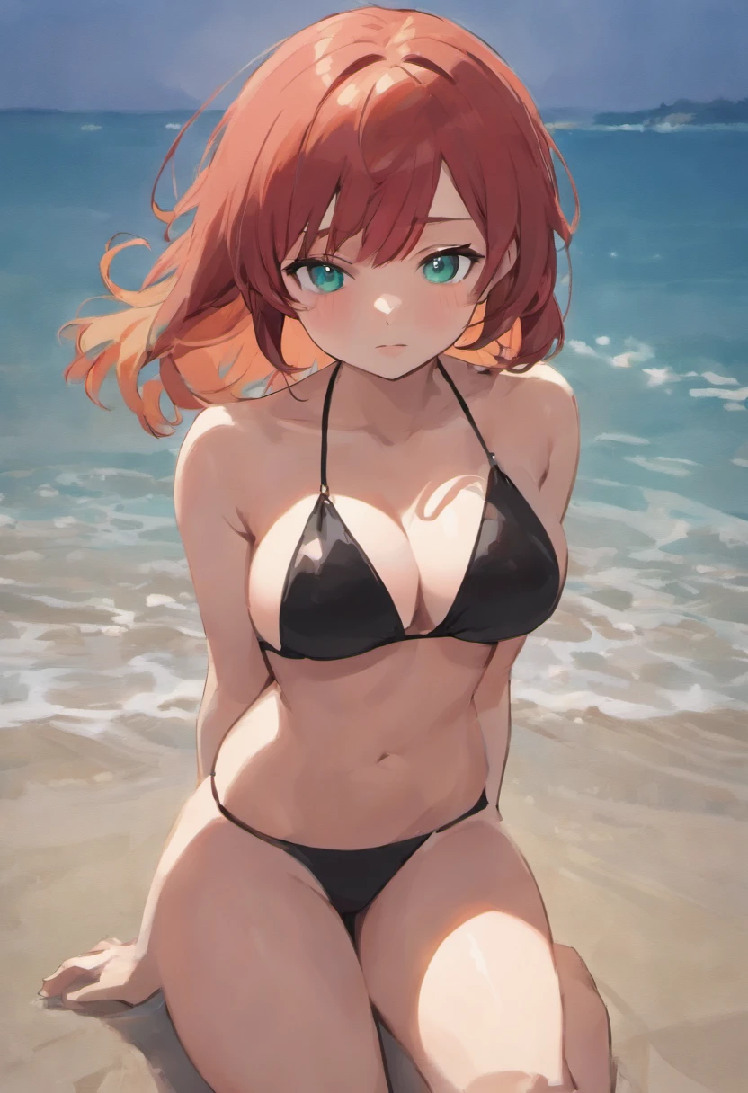 picture of a beautiful young red haired woman in a black bikini sitting on a beach, detailed lips, detailed green eyes, caucasian woman, american woman, massive overflowing breasts, beautiful portrait, Sunrise, pink sky, blue sea, marin kitagawa fanart, seductive girl, thicc, she has a jiggly fat butt, massively heavy breasts, cutesexyrobutts, beautiful alluring woman, (Masterpiece, Top Quality, 8k, dynamic)