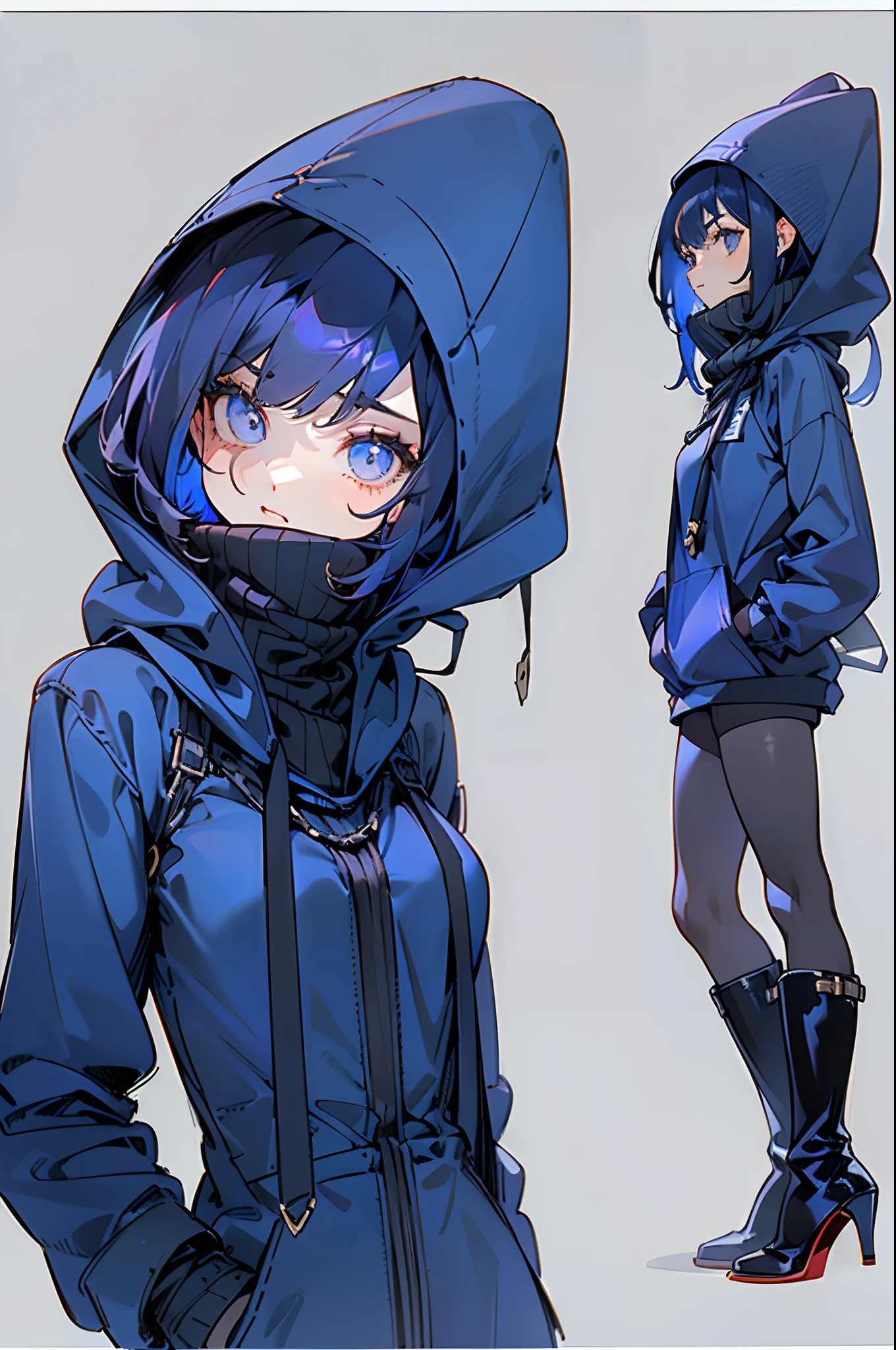 1 girl, solo, dark blue hair, short bob, ((black: 1.3) (hood: 1.1) (maxi length:1.3) quilted one piece: 1.2), ((tight fitting: 1.3) (black: 1.3) turtleneck sweater: 1.1), ((black: 1.3) (High heels: 1.1) boots), character focus, (white background:1.5).