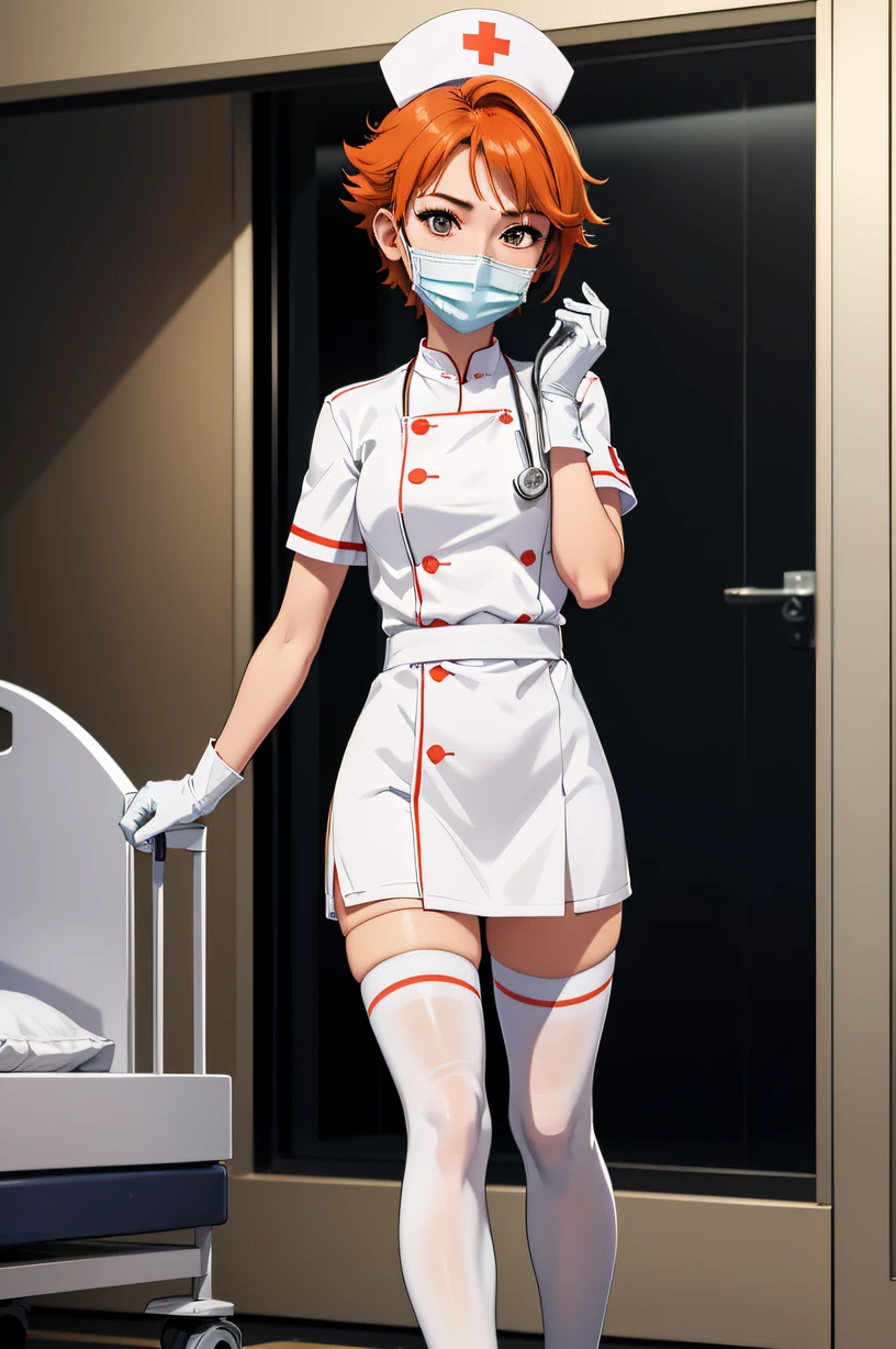 1girl, solo, nurse, nurse cap, white wear, ((white legwear, zettai ryouiki)), white gloves, very short hair, orange hair, ((white surgical mask, covered nose)), standing, ((hospital room)), sharp outline, short sleeves, tomboy, boyish, best quality, masterpiece