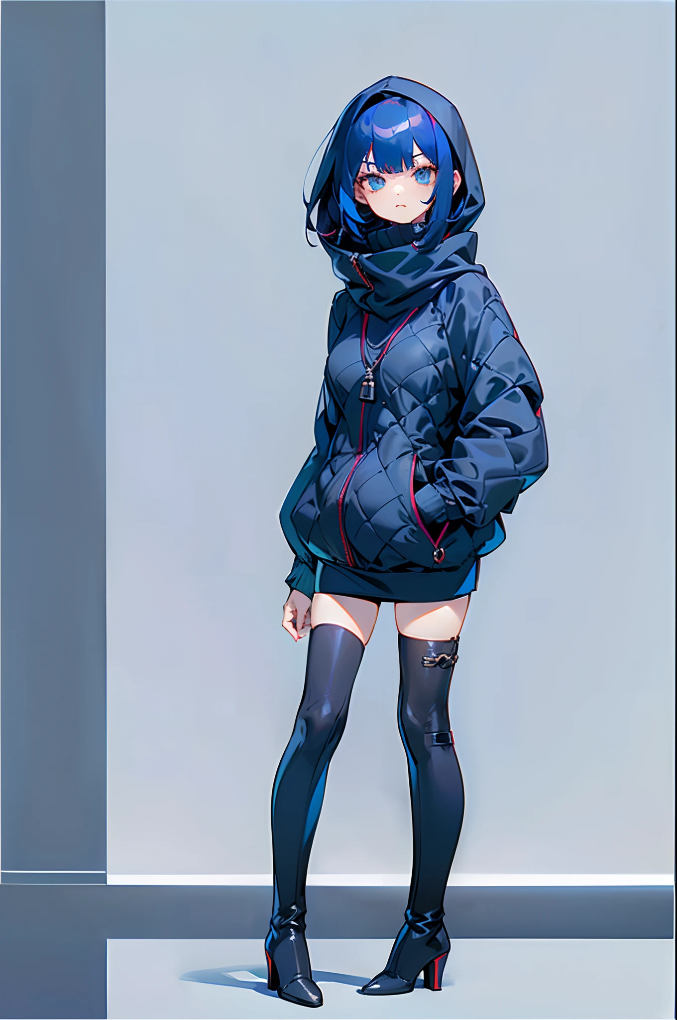 1 girl, solo, dark blue hair, short bob, ((black: 1.3) (hood: 1.1) (maxi length:1.3) quilted one piece: 1.2), ((tight fitting: 1.3) (black: 1.3) turtleneck sweater: 1.1), ((black: 1.3) (High heels: 1.1) boots), character focus, (white background:1.5).