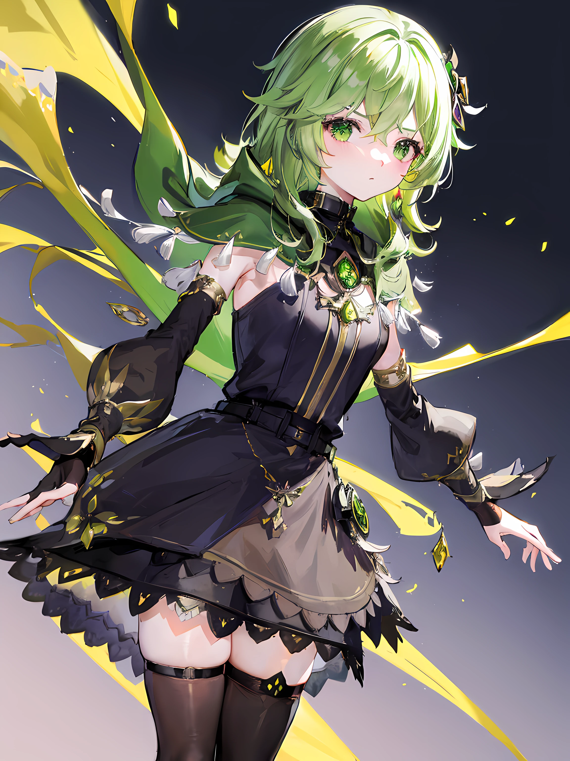 black gloves, black skirt, black straps, bridal gauntlets, brown thighhighs, capelet, detached sleeves, gem, gloves, green capelet, green gemstone, jewelry, long sleeves, puffy long sleeves, puffy sleeves, shirt, skirt, sleeveless, sleeveless shirt, thighhighs, zettai ryouiki