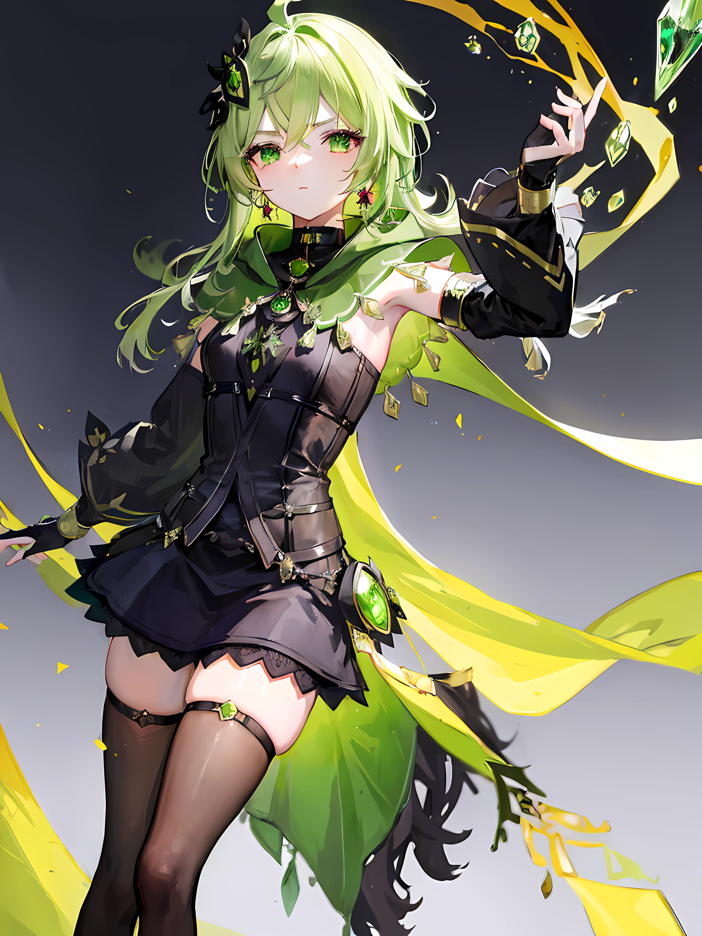 black gloves, black skirt, black straps, bridal gauntlets, brown thighhighs, capelet, detached sleeves, gem, gloves, green capelet, green gemstone, jewelry, long sleeves, puffy long sleeves, puffy sleeves, shirt, skirt, sleeveless, sleeveless shirt, thighhighs, zettai ryouiki