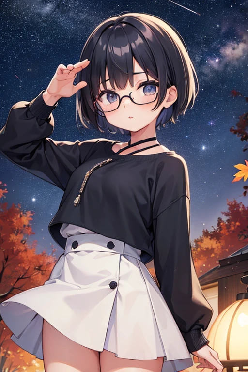 Cute girl with fashionable short haircut、eye glass、Hairy、Autumn night sky、Stargazing