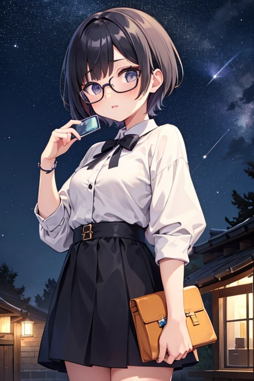 Cute girl with fashionable short haircut、eye glass、Hairy、Autumn night sky、Stargazing