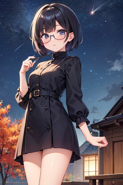 Cute girl with fashionable short haircut、eye glass、Hairy、Autumn night sky、Stargazing