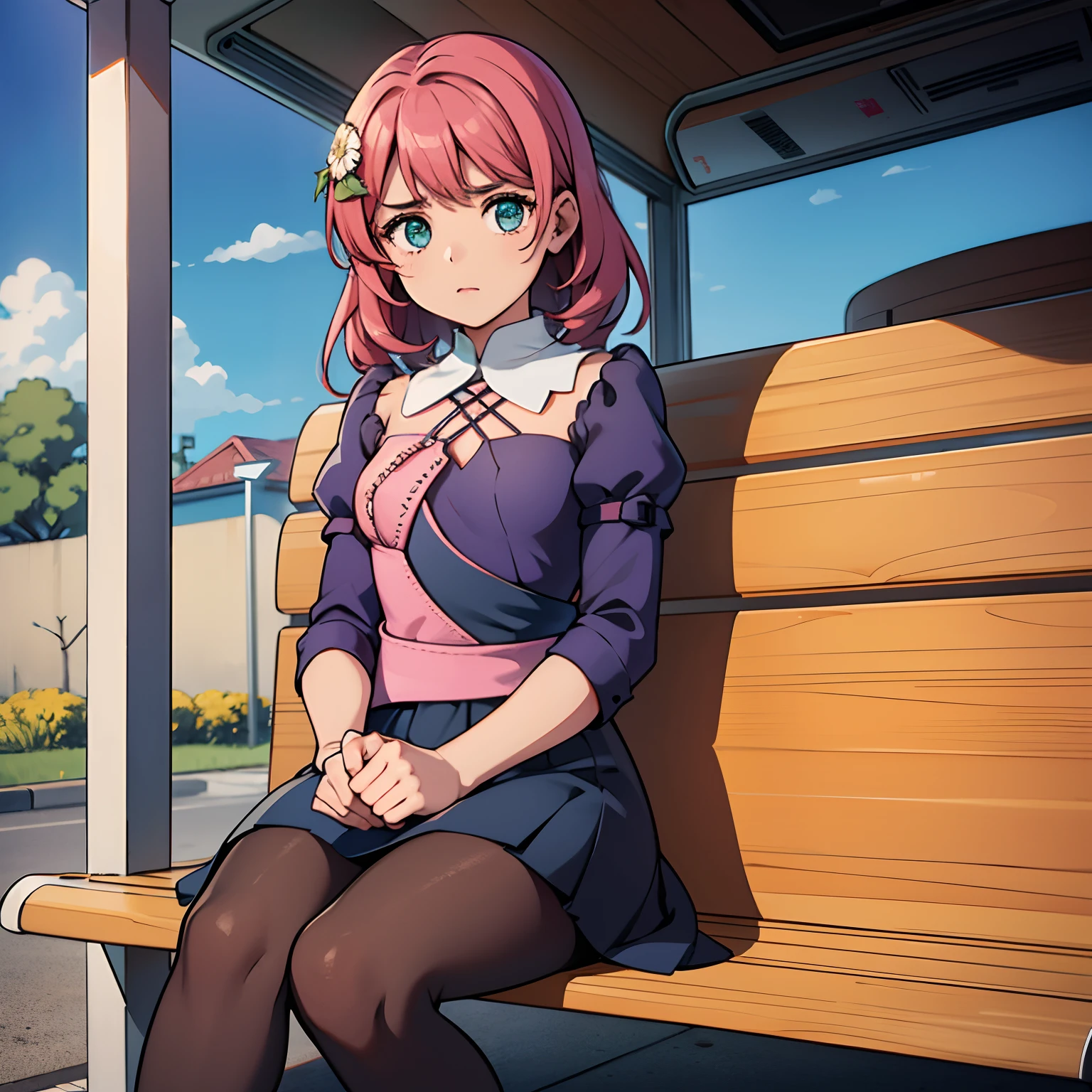 A girl sitting at a bus stop, melhor qualidade, 8k, HDR, curvas perfeitas, qualidade de fundo, fundo detalhado, foco na personagem, perto do vizualizador, saia curta, moletom, olhos perfeitos, olhos azuis, rosto angelical, detalhes no corpo, seios pequenos, calcinha, detalhes na roupa, expression of shame, bochechas vermelhas,