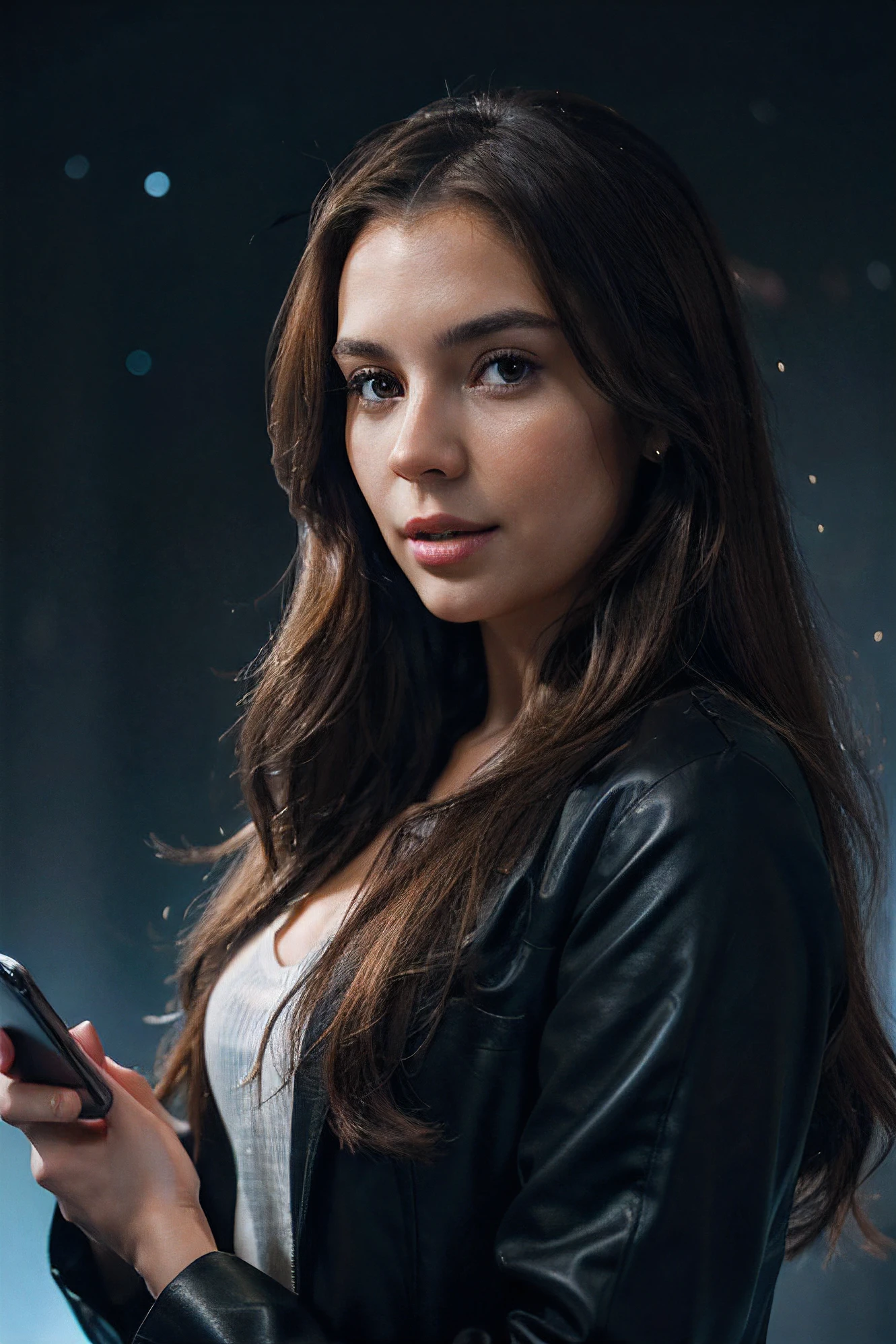 beautiful adult woman long brown hair, executive, looking at cell phone with futuristic background and emptys rectangles on starry sky blue background