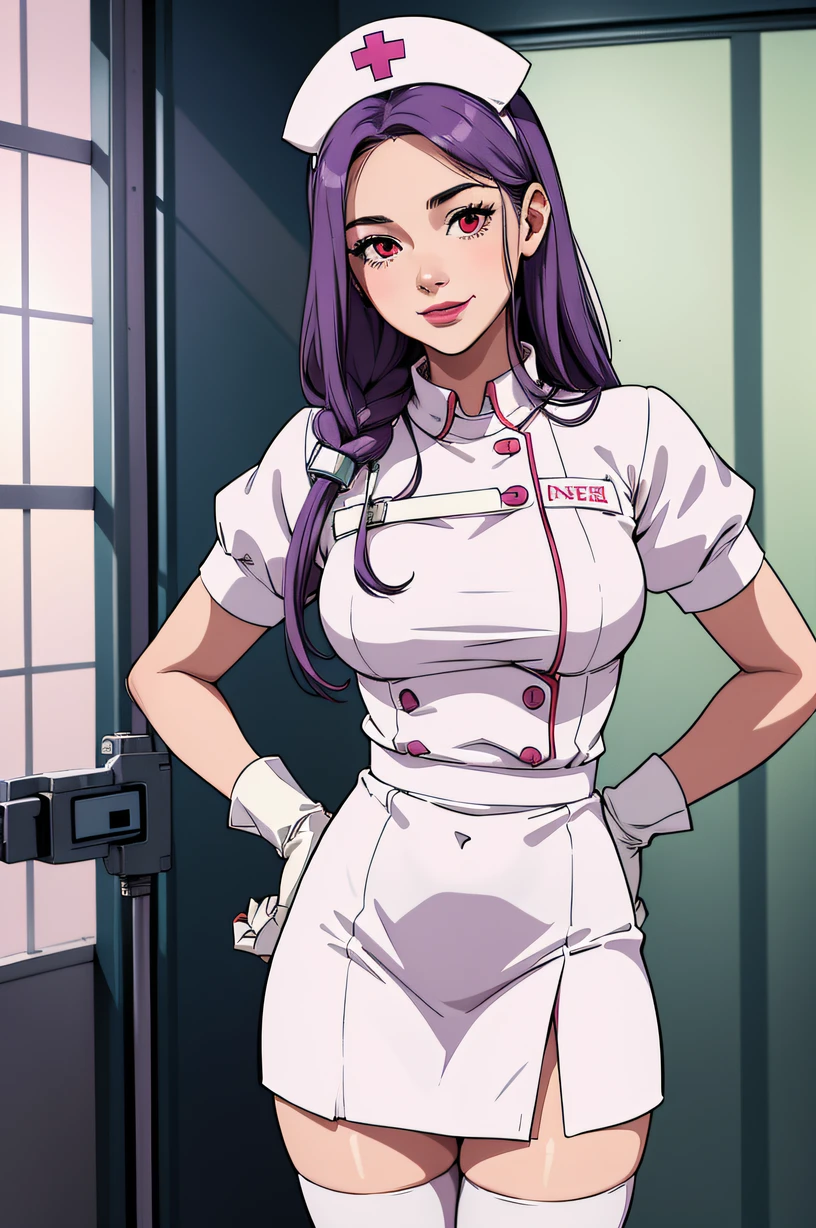 1woman, solo, nurse, nurse cap, white wear, ((white legwear, zettai ryouiki)), white gloves, long hair, purple hair, red eyes, pink lips, smile, standing, ((hospital room)), sharp outline, short sleeves, mature female, 35 years old, best quality, masterpiece