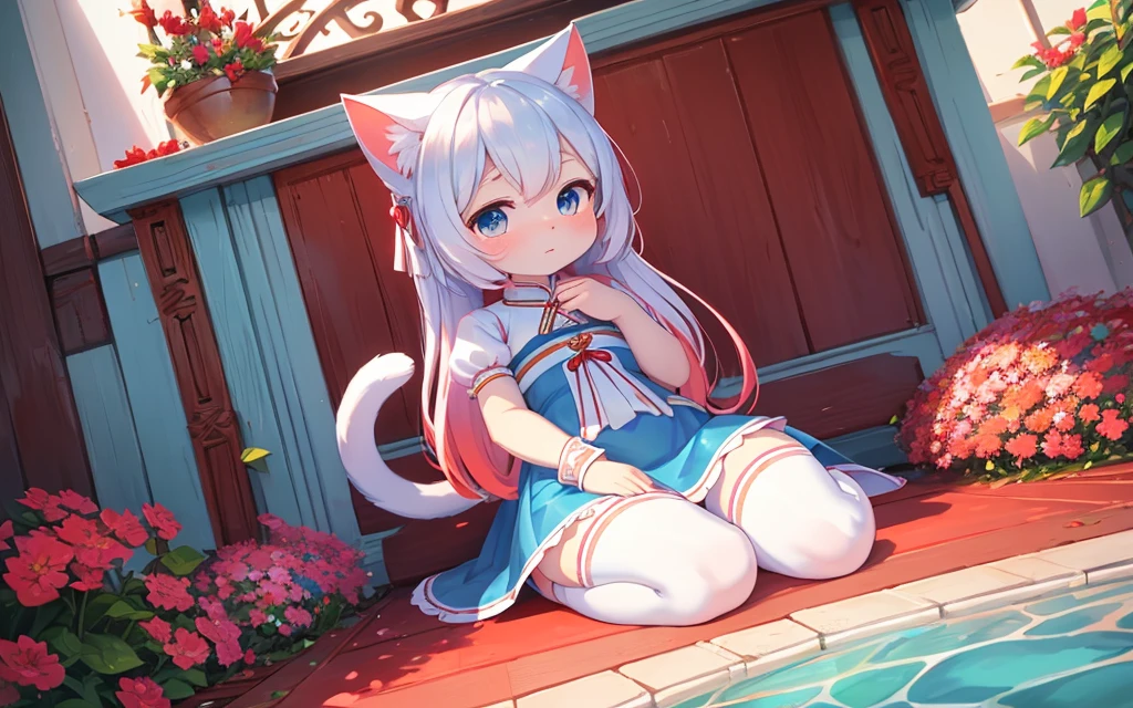 A cute light blue cat anthropomorphizes,Wearing a gorgeous white cheongsam and white stockings,Sit in a sea of red flowers。Her tiny body leaned forward,The face is shy, Indifferent eyes。This 8k HDR image presents the best characters with vivid colors and fine details,And highlight the charming atmosphere of the two-dimensional style
