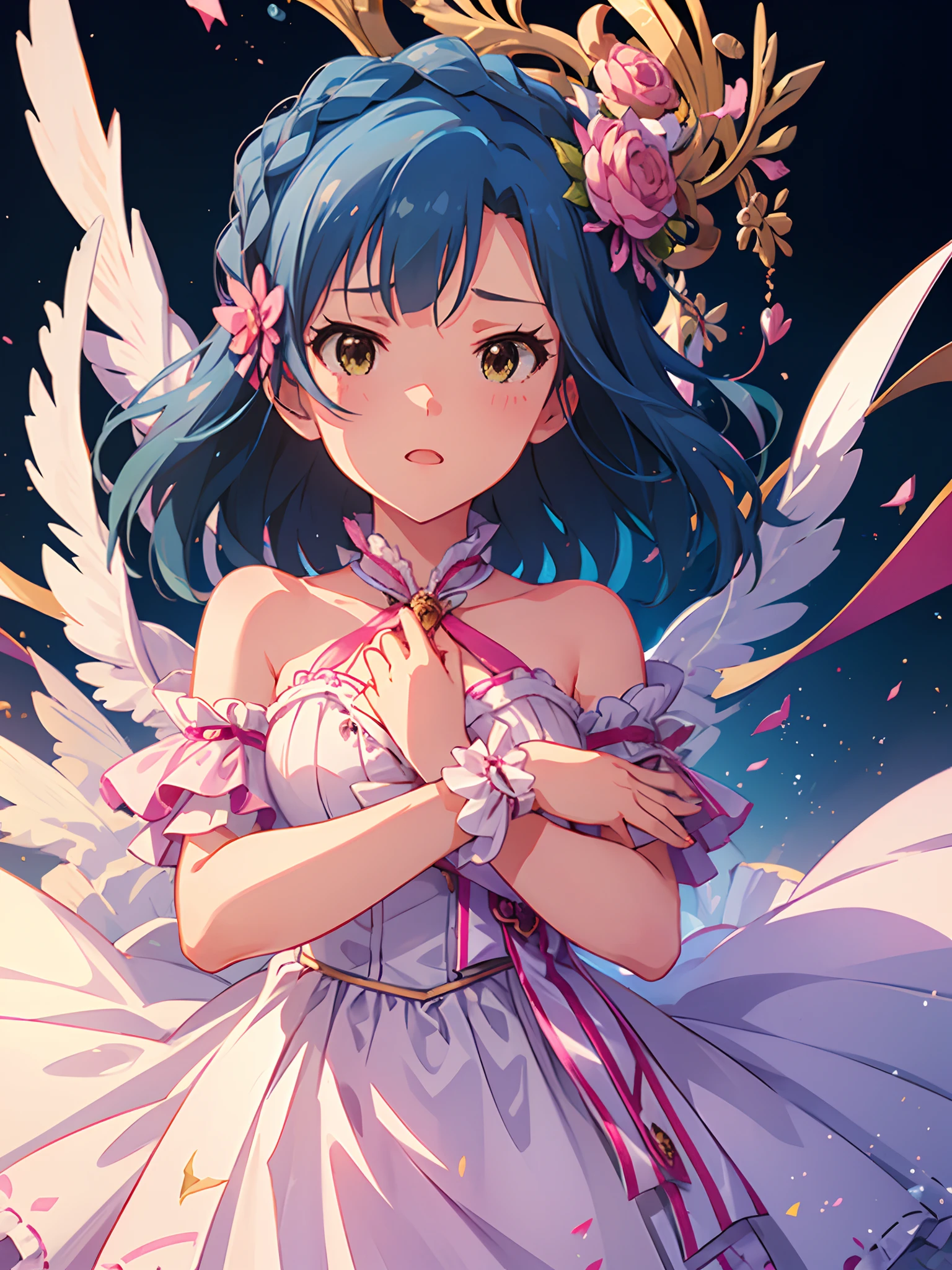 yuriko nanao (million live), 1 girl, Solo, Cute Girl,Best Quality, Ultra-detailed, 8K, High resolution, Detailed face, Bob Hair, anguish, blush, (((Face Focus))), Princess Line Dresses, Pastel pink dress, bow ribbon, (((Torn clothes:1.2)))