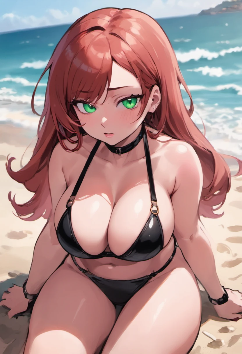 picture of a beautiful young red haired woman in a black bikini sitting on a beach, detailed lips, detailed green eyes, caucasian woman, american woman, massive overflowing breasts, beautiful portrait, Sunrise, pink sky, blue sea, marin kitagawa fanart, seductive girl, thicc, she has a jiggly fat butt, massively heavy breasts, cutesexyrobutts, beautiful alluring woman, (Masterpiece, Top Quality, 8k, dynamic)