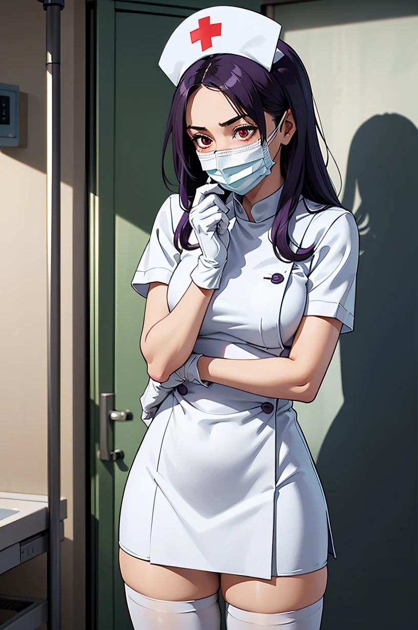 1woman, solo, nurse, nurse cap, white wear, ((white legwear, zettai ryouiki)), white gloves, long hair, purple hair, red eyes, ((white surgical mask, covered nose)), standing, ((hospital room)), sharp outline, short sleeves, mature female, 35 years old, best quality, masterpiece