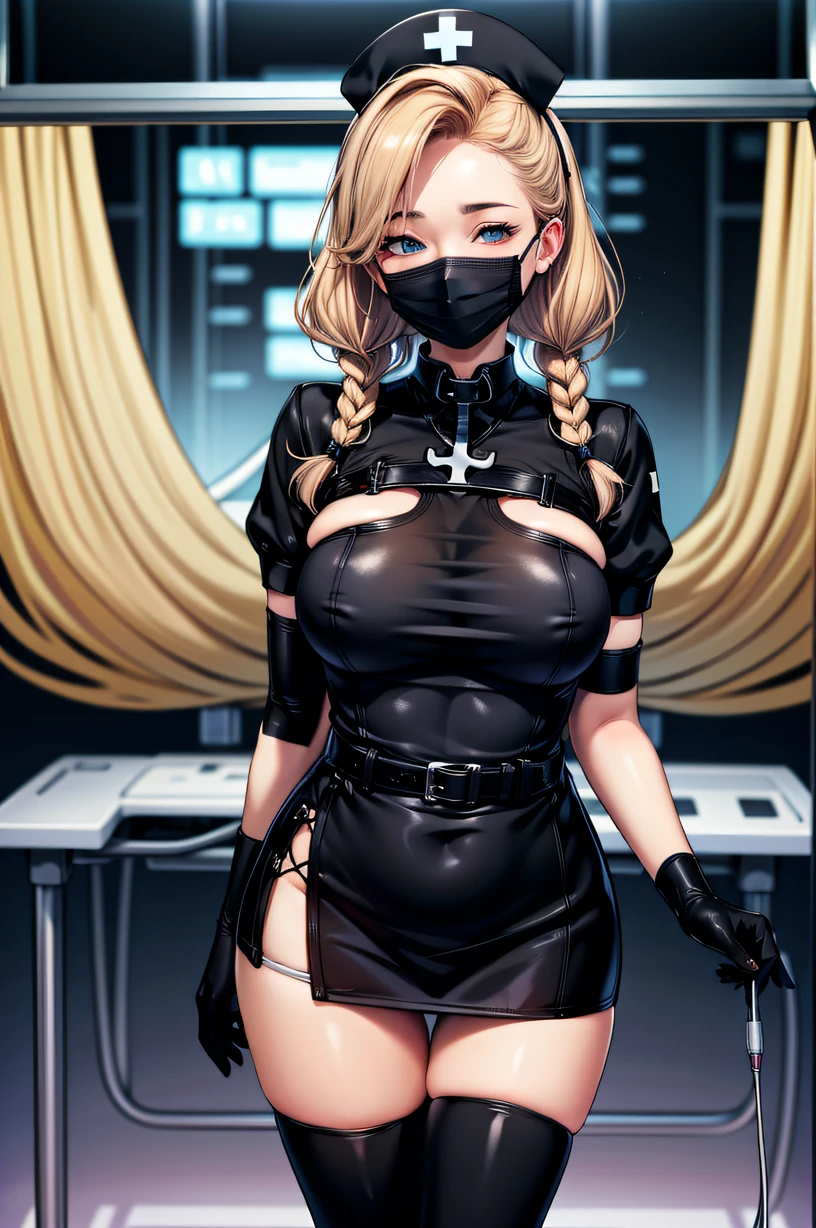 black nurse, 1woman, solo, black nurse cap, black wear, ((black legwear, zettai ryouiki)), black elbow gloves, blonde hair, blue eyes, ((black surgical mask, covered nose)), standing, ((surgery room)), sharp outline, short sleeves, mature female, 35 years old, best quality, masterpiece