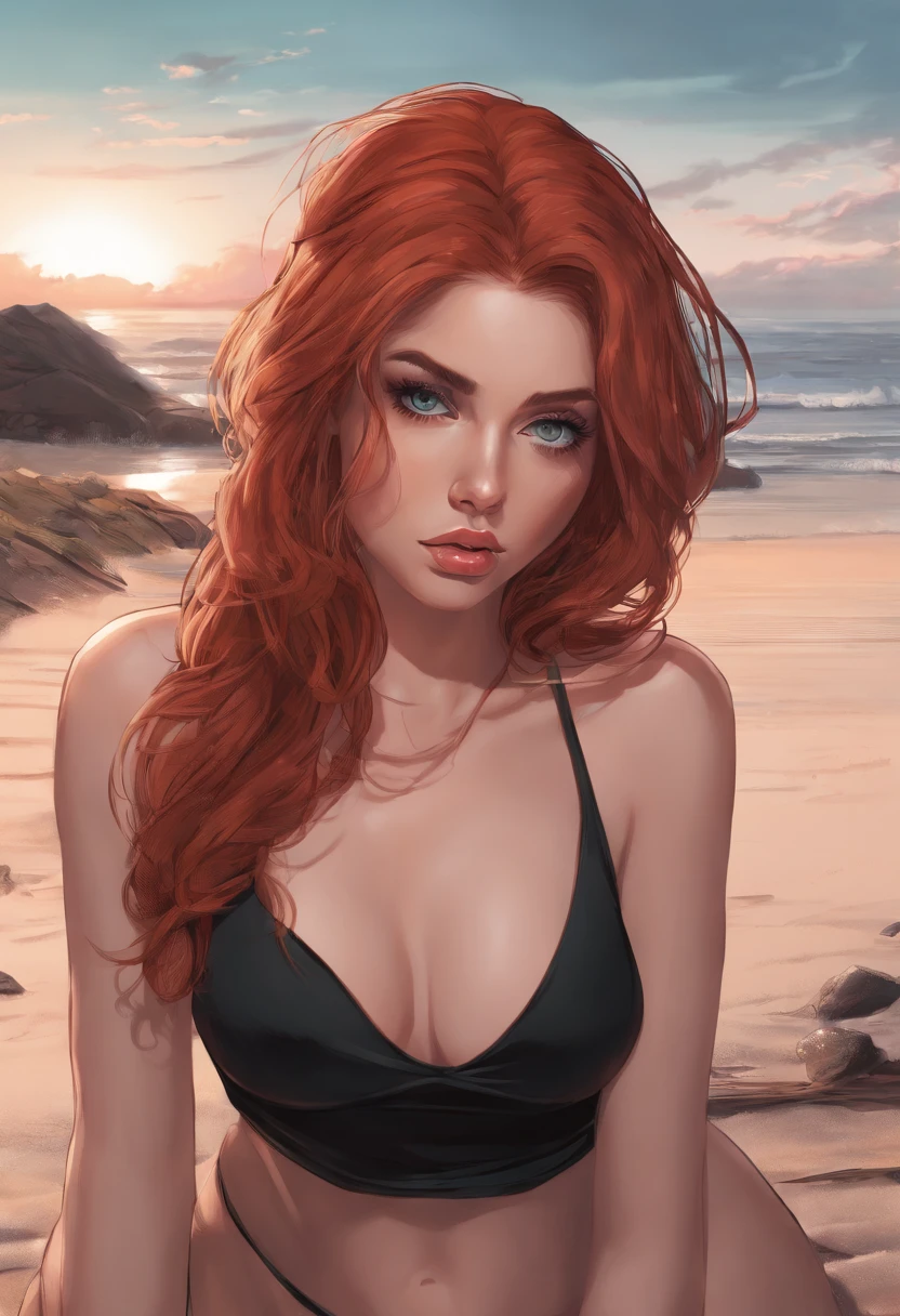 picture of a beautiful young red haired woman in a black bikini sitting on a beach, detailed lips, detailed green eyes, caucasian woman, american woman, massive overflowing breasts, beautiful portrait, Sunrise, pink sky, blue sea, marin kitagawa fanart, seductive girl, thicc, she has a jiggly fat butt, massively heavy breasts, cutesexyrobutts, beautiful alluring woman, (Masterpiece, Top Quality, 8k, dynamic)