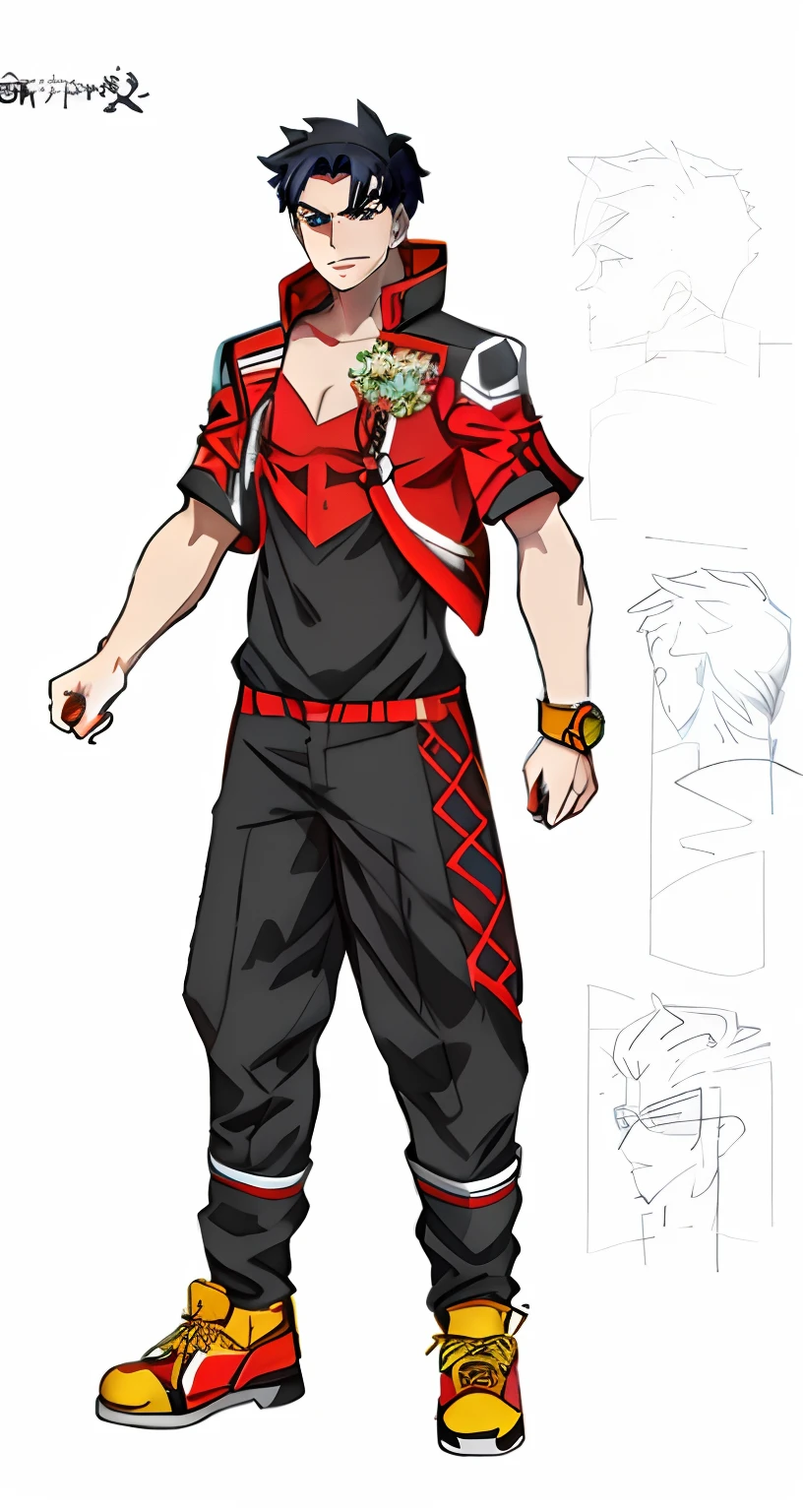a cartoon of a man in a red and black outfit, new costume concept design, red hair, full portrait of electromancer, full body concept, official character art, title lumentale, clear outfit design, pokemon trainer outfit, full body character concept, full body with costume, official concept art, ( ( character concept art ) )