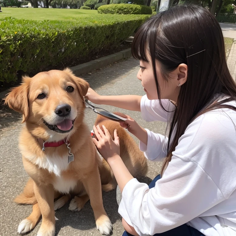 19-year-old Japan woman petting her dog in the park