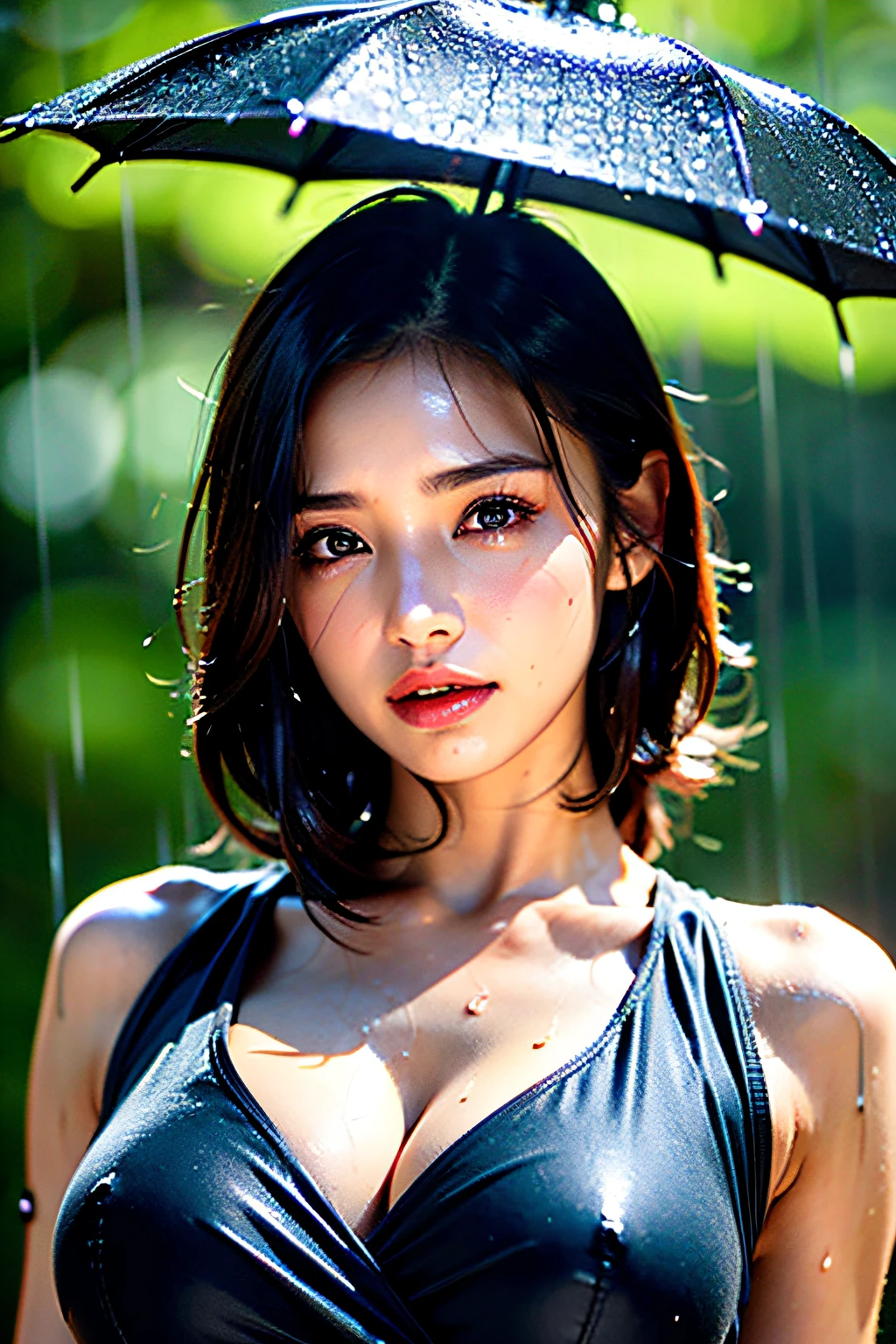 (Best Quality, 4K, masutepiece :1.3), Pretty Woman, 1girl in, Sexy :1.1, dark brown hair: 1.1, (rainy wet, Wet from rain, Wet body :1.2), white tank tops, Ultra-detailed face, Detailed lips, Dark eyes, Detailed eyes, 二重まぶた