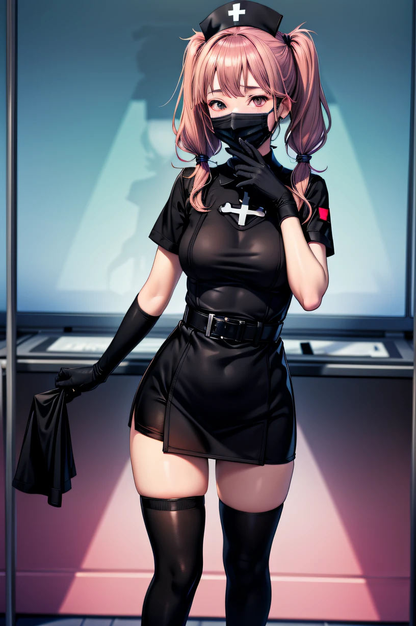 black nurse, 1girl, solo, black nurse cap, black wear, ((black legwear, zettai ryouiki)), black elbow gloves, twintails, yellow hair, purple eyes, ((black surgical mask, covered nose)), standing, ((surgery room)), sharp outline, short sleeves, best quality, masterpiece