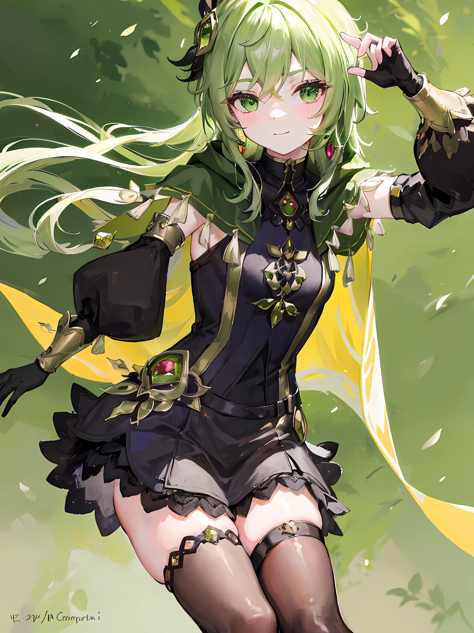 black gloves, black skirt, black straps, bridal gauntlets, brown thighhighs, capelet, detached sleeves, gem, gloves, green capelet, green gemstone, jewelry, long sleeves, puffy long sleeves, puffy sleeves, shirt, skirt, sleeveless, sleeveless shirt, thighhighs, smile, zettai ryouiki