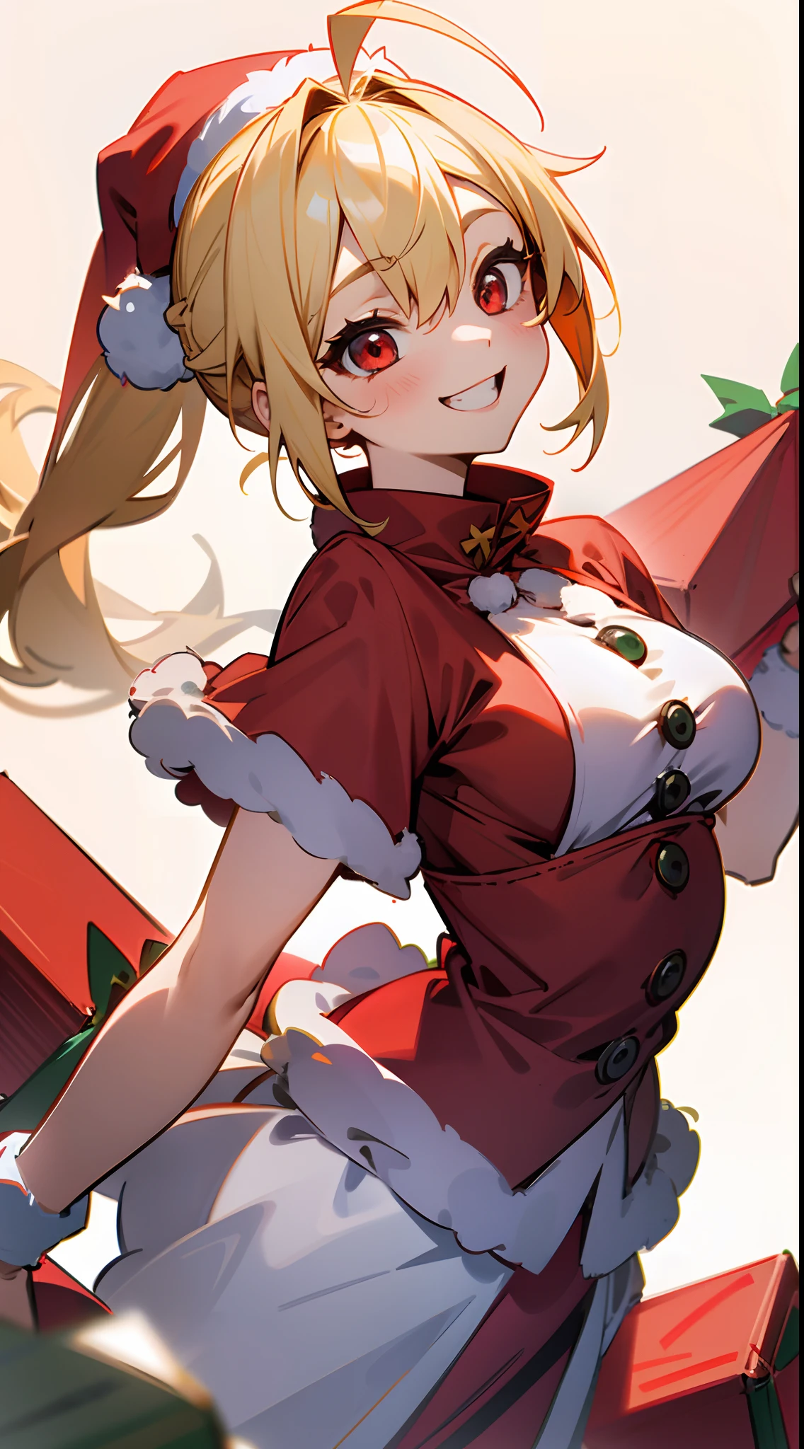 1girl in、Blonde ponytail、Ahoge、big round red eyes、small tits、A smile、Laugh、Christmas、Dressed in Santa Claus costume、Colors based on red and green