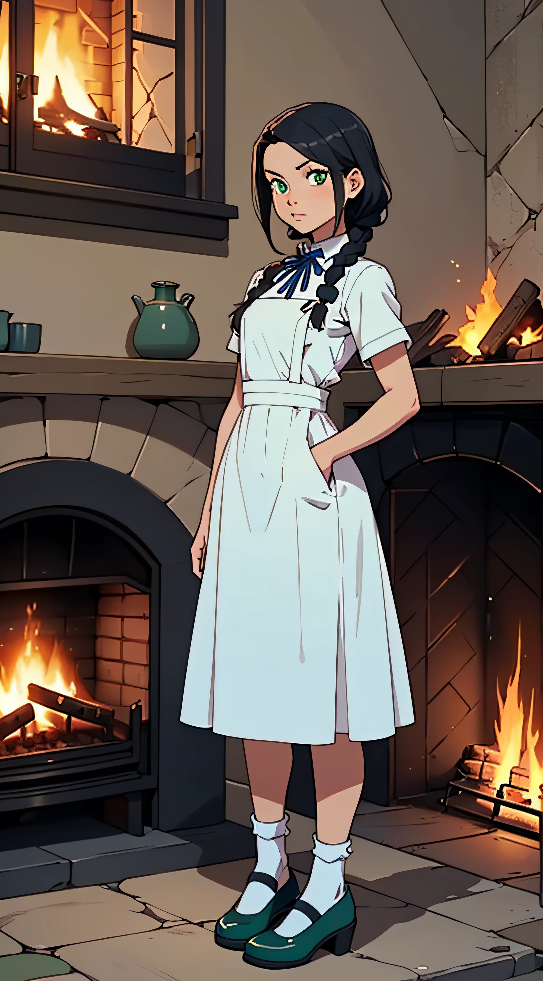 A young girl with black braided hair, half-closed green eyes, is wearing an overall dress. She also has a white shirt with a dark blue ribbon on the collar. She is wearing white socks and blue Mary Jane shoes. The girl is standing near a cozy fireplace. The scene is ultra-sharp and of the highest quality, with a resolution of 4K or 8K.
