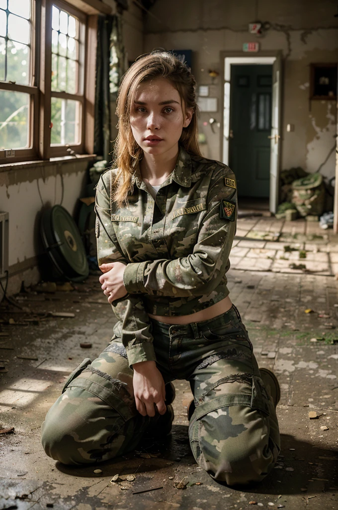 (((a russian 22 years old girl wearing a russian army camo uniform, military boots, torn military pants, open military shirt))), athletic body, ((exhausted face, bruises on face)), full size body, ((very pale skin)), short blonde hair, kneeling in a ruined ukrainian house room, ((hands tied in the back)), sunrise sun, photorealistic, indirect lighting, volumetric light, ray tracing, hyper-detailed, best quality, ultra-high resolution, HDR, 8k